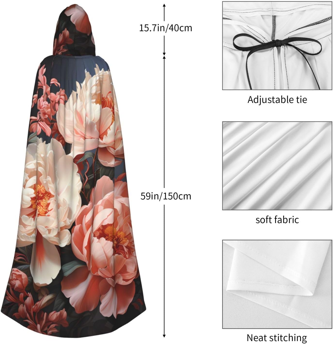Unisex Full Length Hooded Halloween Christmas Party Robe Cloak Cape Cosplay Costume Men Women Bright White Peonies Prints