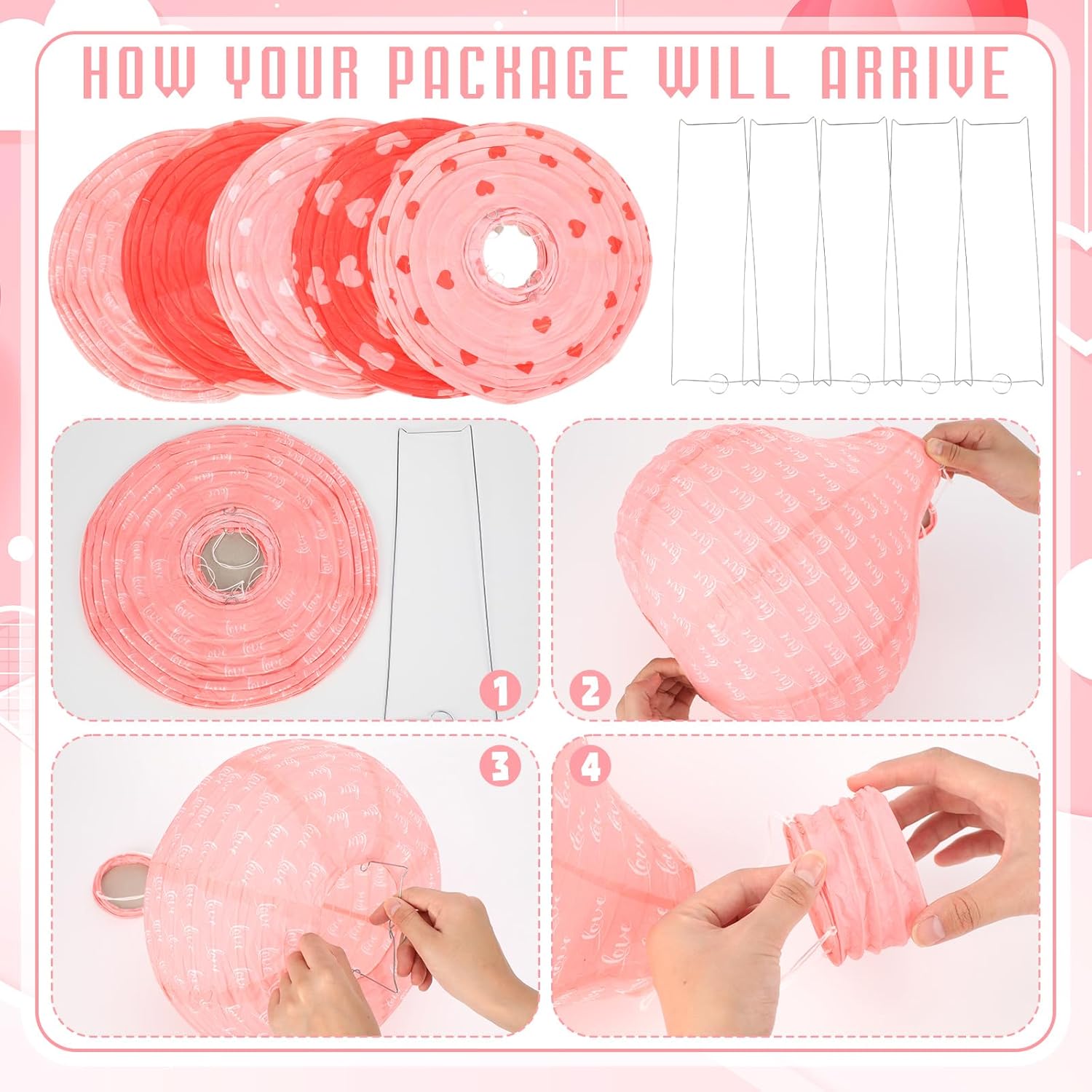 5 Pieces Valentines Hanging Hot Air Balloon Paper Lanterns Set 12 Inches Hanging Valentines Party Decorations with Red Pink Heart Design for Wedding Bridal Shower Bachelorette Party Home Decor