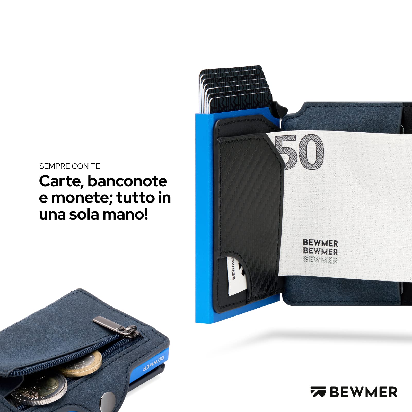 BEWMER Porta Carte di Credito 1 ZIP Schermato | Portafoglio Slim da Uomo e Donna | Porta Tessere e Documenti con Rfid Protection e Fermasoldi in Carbon Fiber (Blu con Zip)