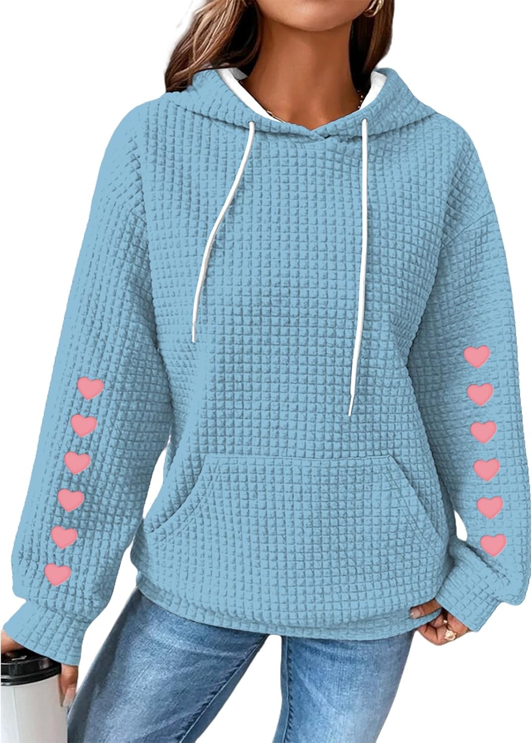 Valentines Day Hoodies For Women Heart Print Waffle Pullover Plus Size Hooded 2025 Spring Fashion Cute Outfits