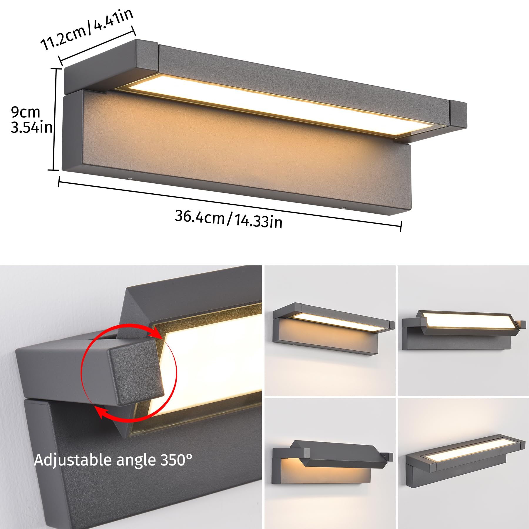KUKAK 36W Applique Murale,Angle de Lumière Réglable,3000K,Gris Foncé