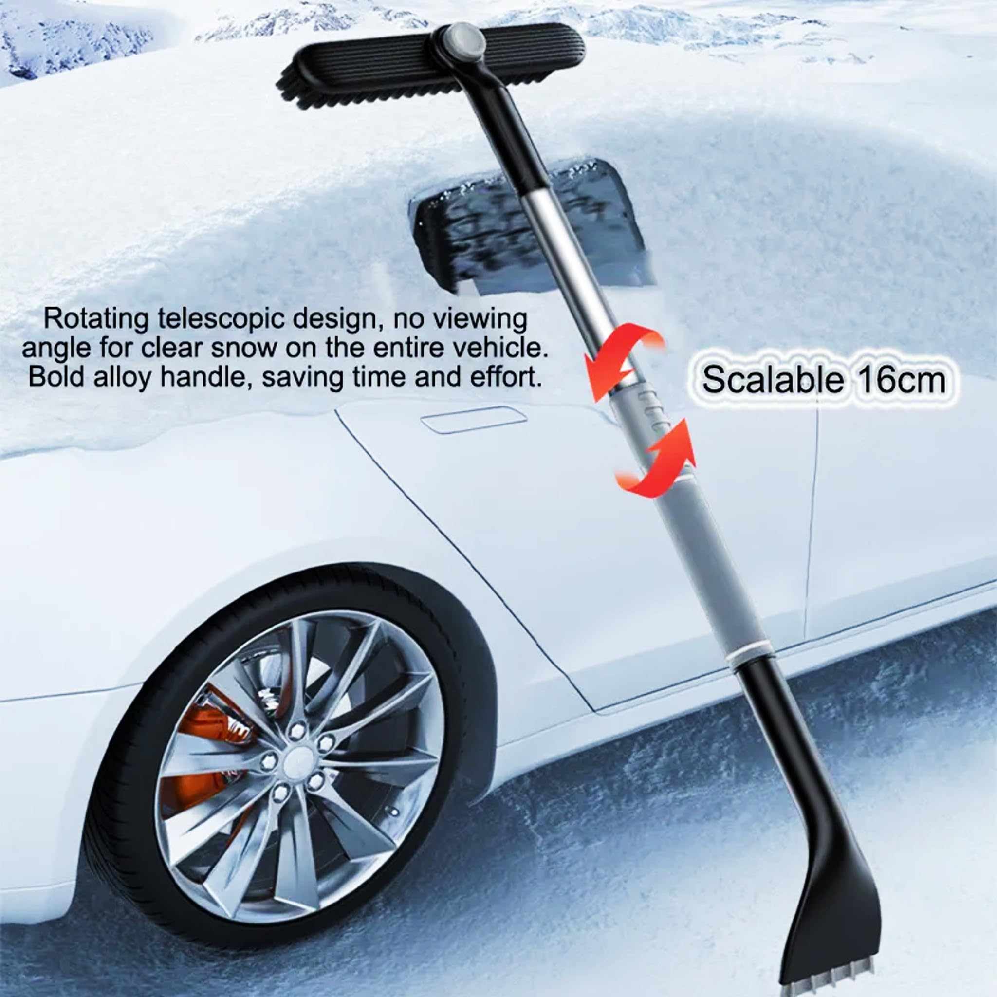 Bricoloco Raschietto per auto 3 in 1, girevole a 360°, telescopico per neve, ghiaccio e gelo (2)