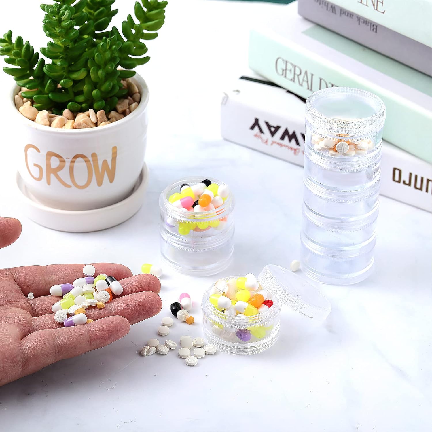 Sieral 2 Pack 7 Day Stackable Pill Organizers Round Pill Organizer Case Stackable Weekly Supplements Vitamins Individual Storage Container Boxes Holder Dispenser with Lids for Travel Medicine, Clear