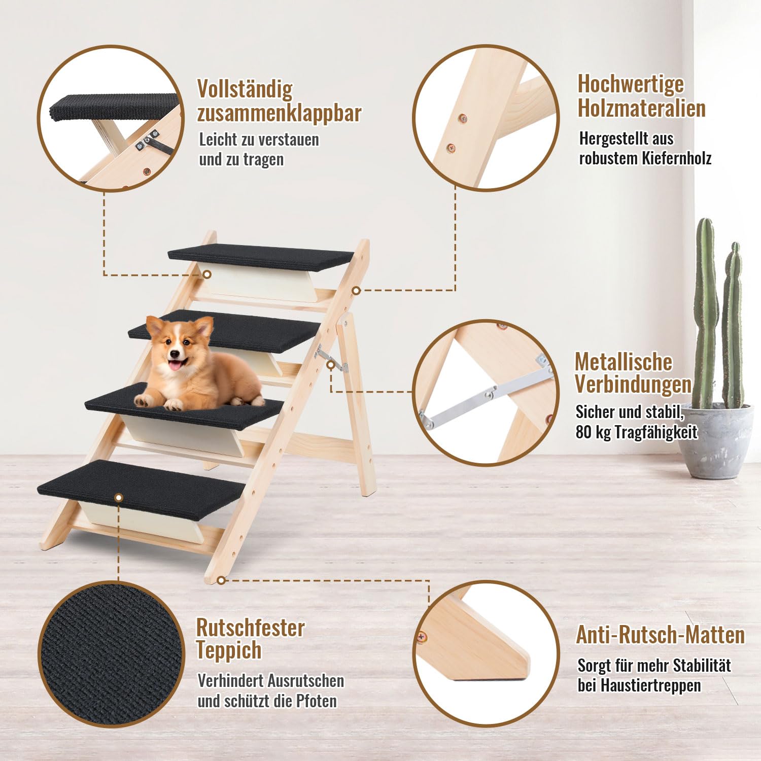 Hundetreppe 2 in 1 Hunderampe, Klappbare Haustiertreppe 65,5cm Hoch, 4-Stufig Faltbare Katzentreppe, Maximale Belastung 80kg, Tiertreppe mit Rutschfester Trittmatte für Hunde und Katzen