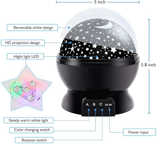 Miniatura 5 de Luz de noche para niños, luz nocturna de estrellas, proyector de nebulosa y estrellas de 360 grados de rotación, 4 bombillas LED, 12 colores de luz