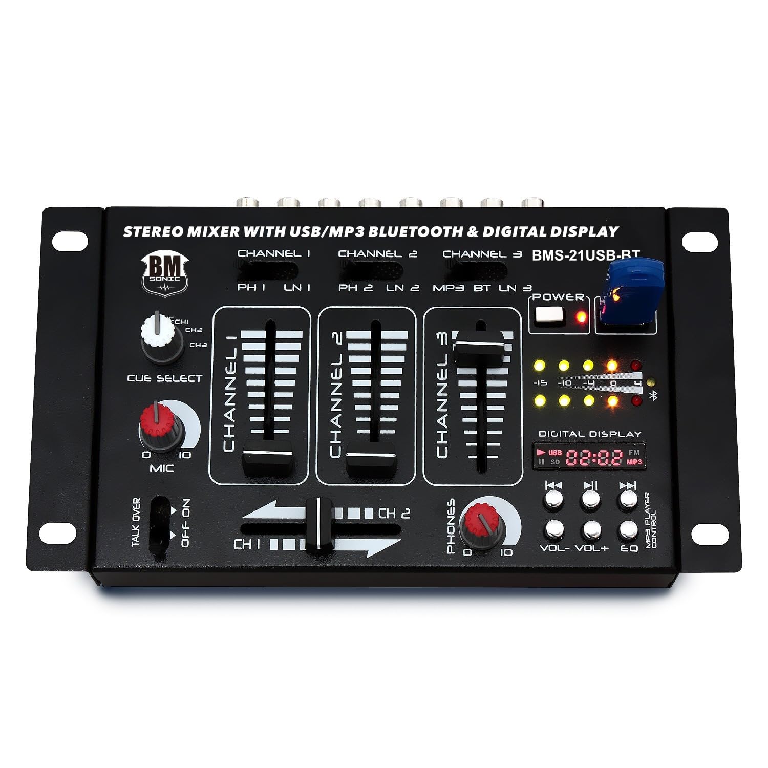 Table de mixage Sono DJ BM Bmsonic BMS-21USB-BT 4 voies/7 canaux, USB BLUETOOTH, Entrées : 1 PHONO/LINE, 1 PHONO/USB, 1 CD, MICROS