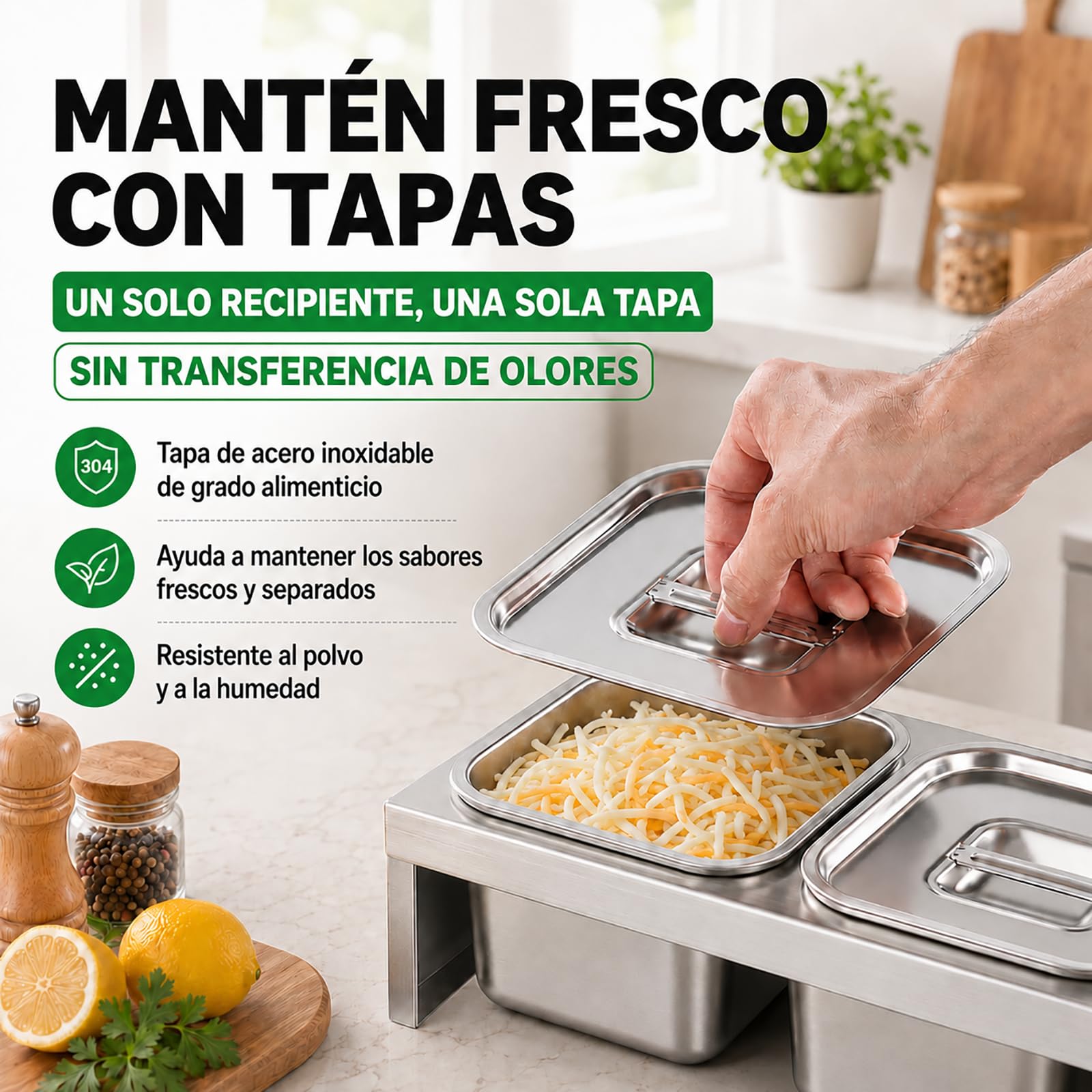 Recipientes de Acero Inoxidable para Alimentos 6 x 2L con Tapa y Cuchara – Estación de Acero Inoxidable para Añadir Ingredientes a la Pizza, BBQ, Salsas y Verduras – Bandeja GN para Cocina Restaurante