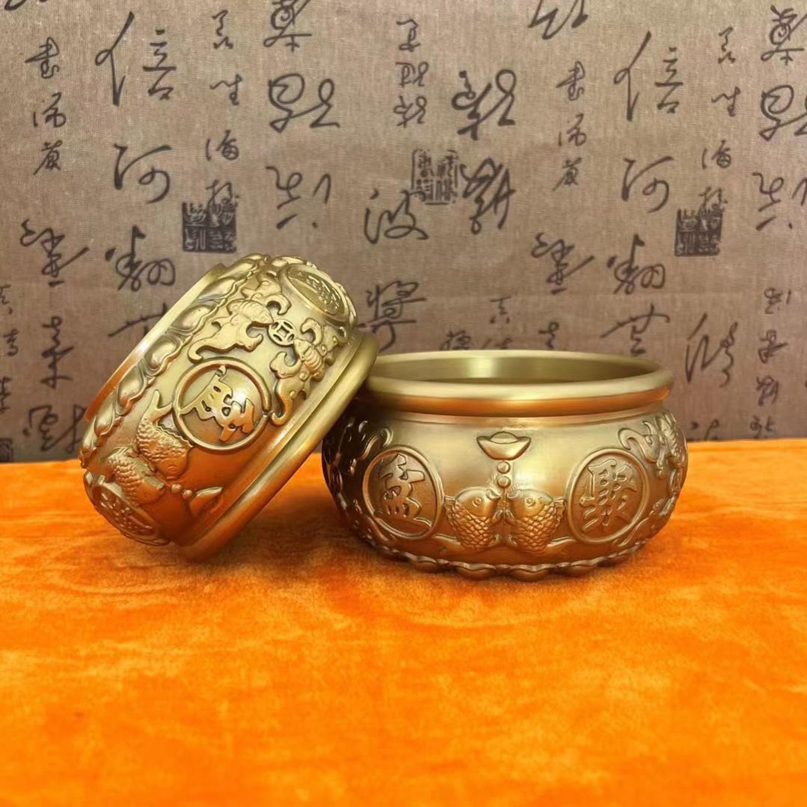 Vintage złota mosiężna miska na skarby-symbol bogactwa Feng Shui, ręcznie wykonany metalowy wystrój na biurko w domu ołtarz, centralny element obfitości i szczęścia,19CM