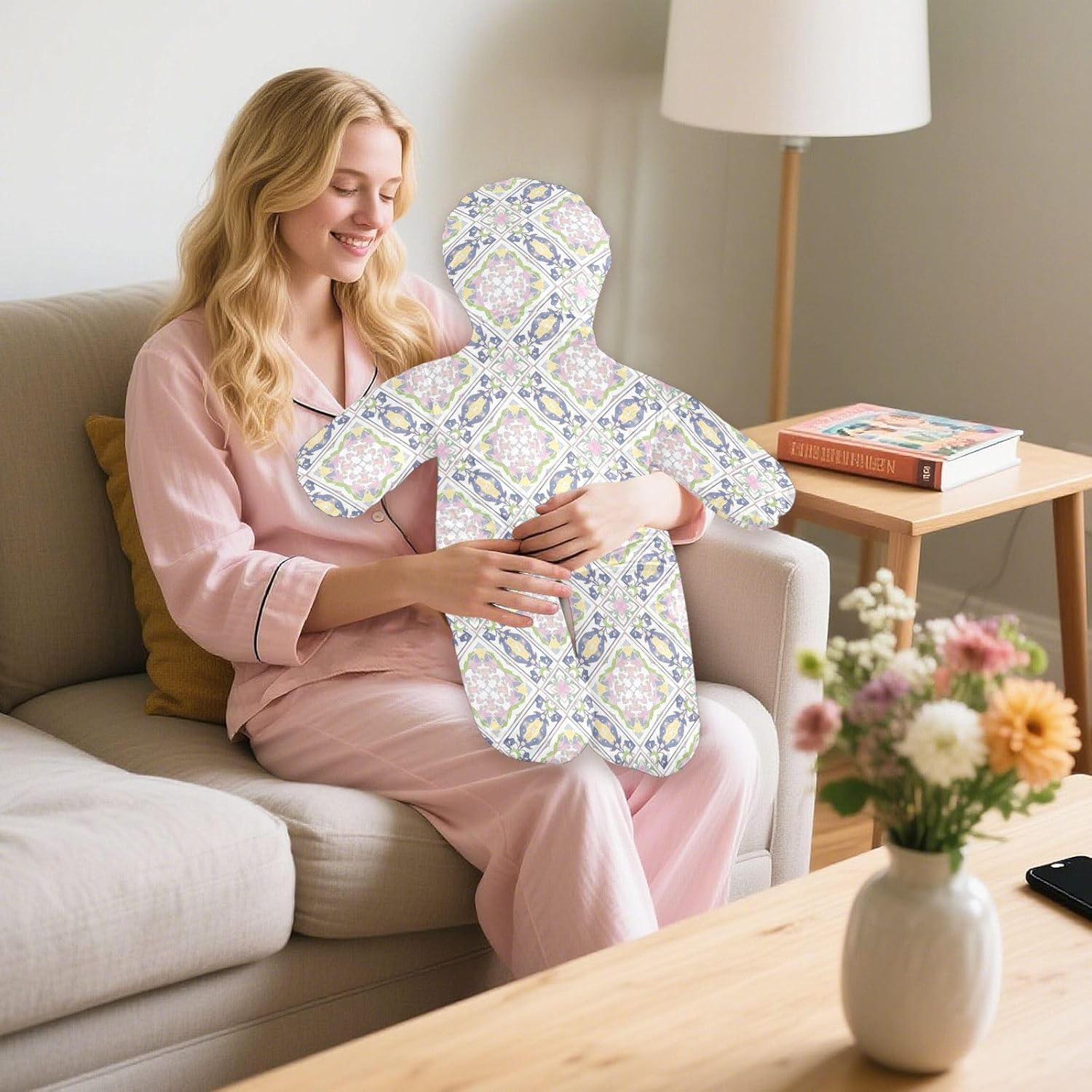 Geometric Floral Human-Shaped Pillow Soft Body Pillows Washable Velvet Pillows for Anxiety Relief Sleeping Cuddling & Support