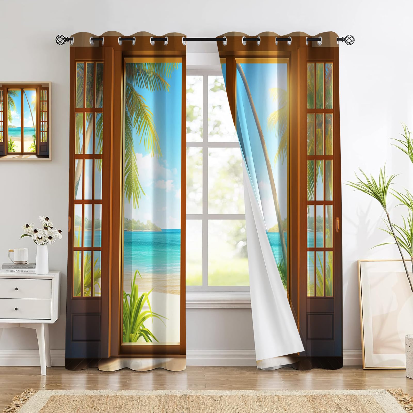 Rideau occultant haut de gamme motif bois et plage tropicale de grande taille