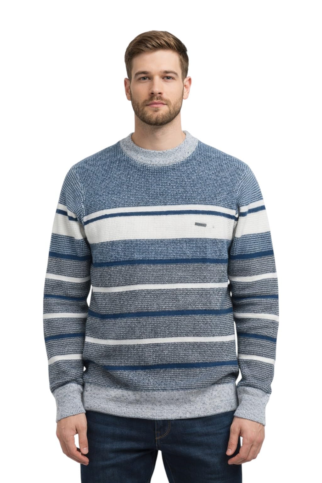 Sparlune Striped Crewneck Sweater with Ribbed Cuffs and Hem, Blue and Grey Colorblock for Men and Women-image-45