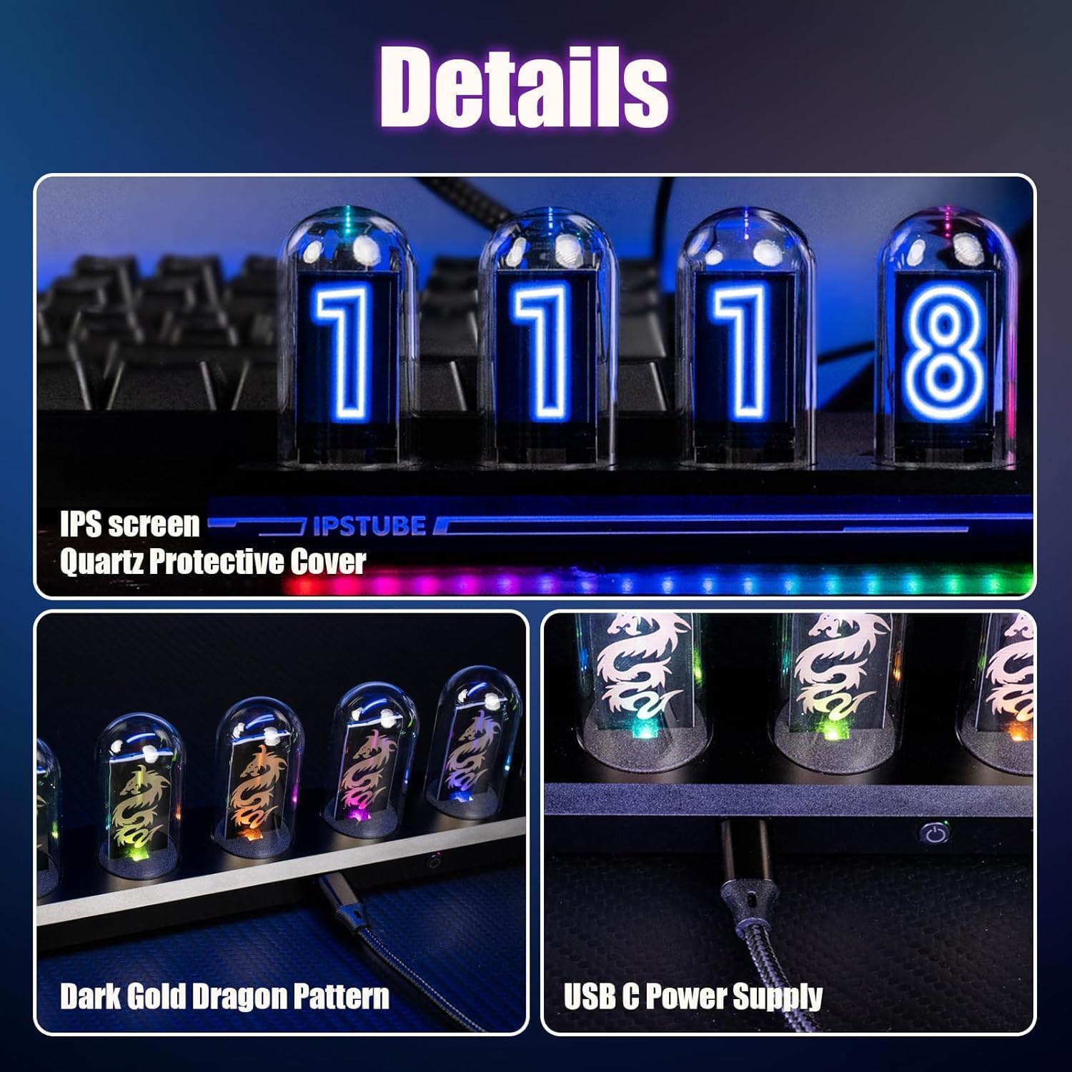 MOSHOU Nixie Tube Clock, RGB Color Pseudo-Nixie Tube, Customized Electronic Album, New Weather Mode 6 IPS Display Screen APP Control (with RGB Lightbar)