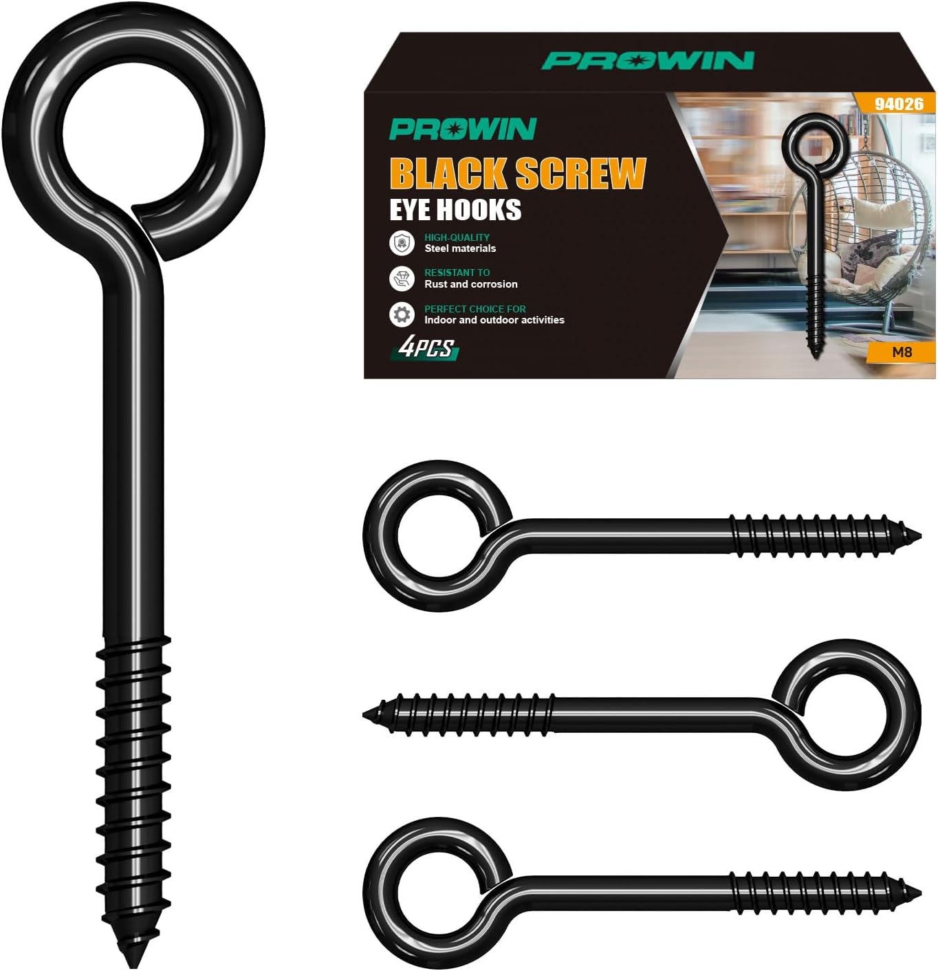Prowin Heavy Duty Black Screw Eye Hooks, 4PCS M8 4.59 Inch Self Tapping Eyelet Bolts, Strong Eye Screws for Wood, Cables & Wire Securing, Indoor & Outdoor Heavy Duty Use