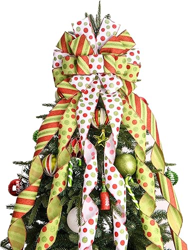 Miniatura 8 de Decoración para árbol de Navidad, lazo grande de 45 x 13 pulgadas con cinta estampada de muñeco de nieve de Navidad y serpentinas de satén con