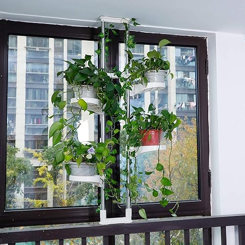 Miniatura 4 de BAOYOUNI Soporte para plantas de interior con ventana, estante de almacenamiento de metal con doble poste, soporte para macetas, estante para