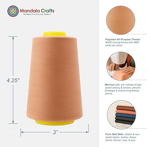 Vista 479 de Mandala Crafts - Hilo de coser multiusos de poliéster para máquina de coser de sarga, sobrehilado, acolchado Beige