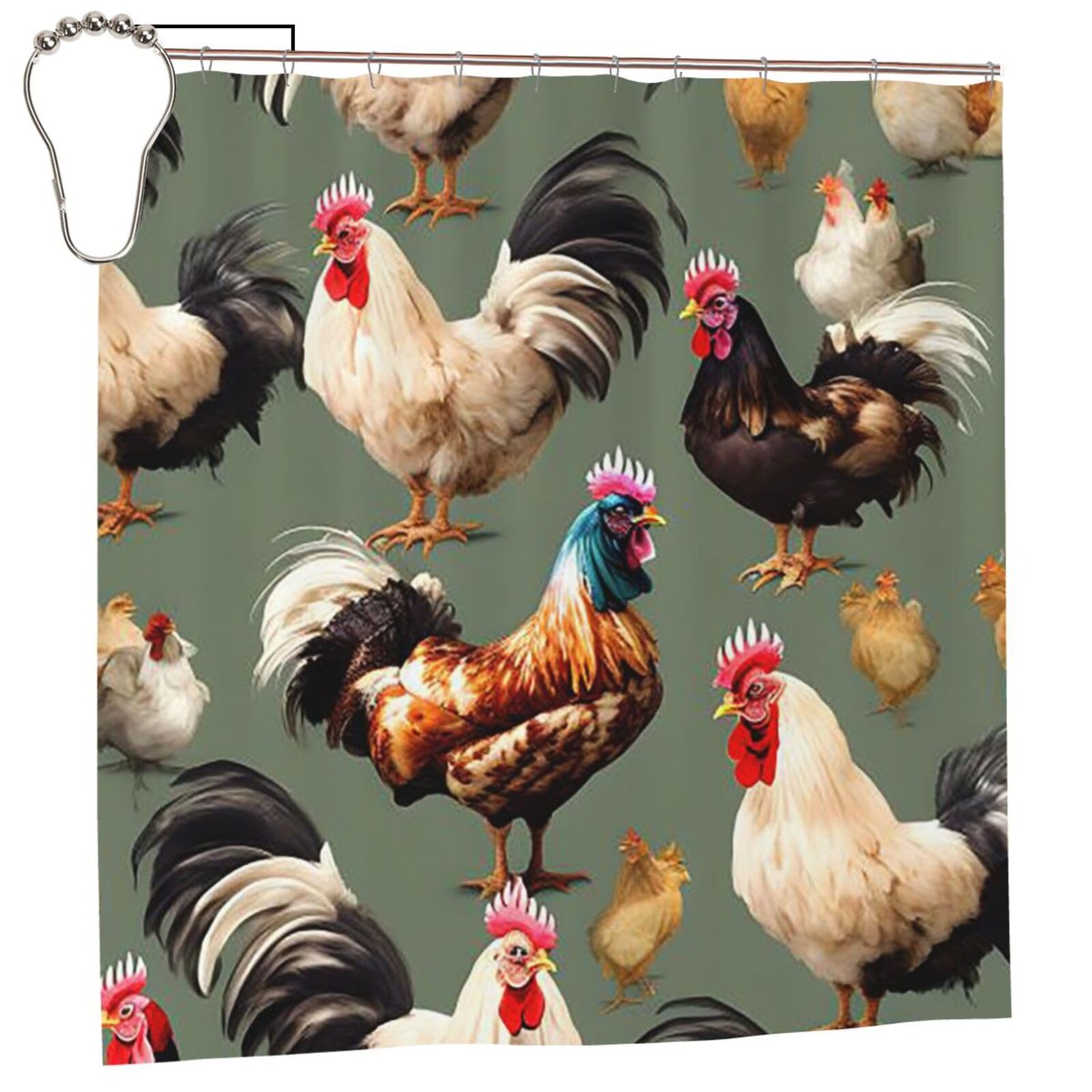 FodPand Chicken and Rooster Print Shower Curtain 70"x70" Waterproof Long Bathroom Curtain Heavy Duty Thick Cloth Bath Curtain Set with Hooks, Modern Abstract Art Pattern Bathroom Shower Curtains
