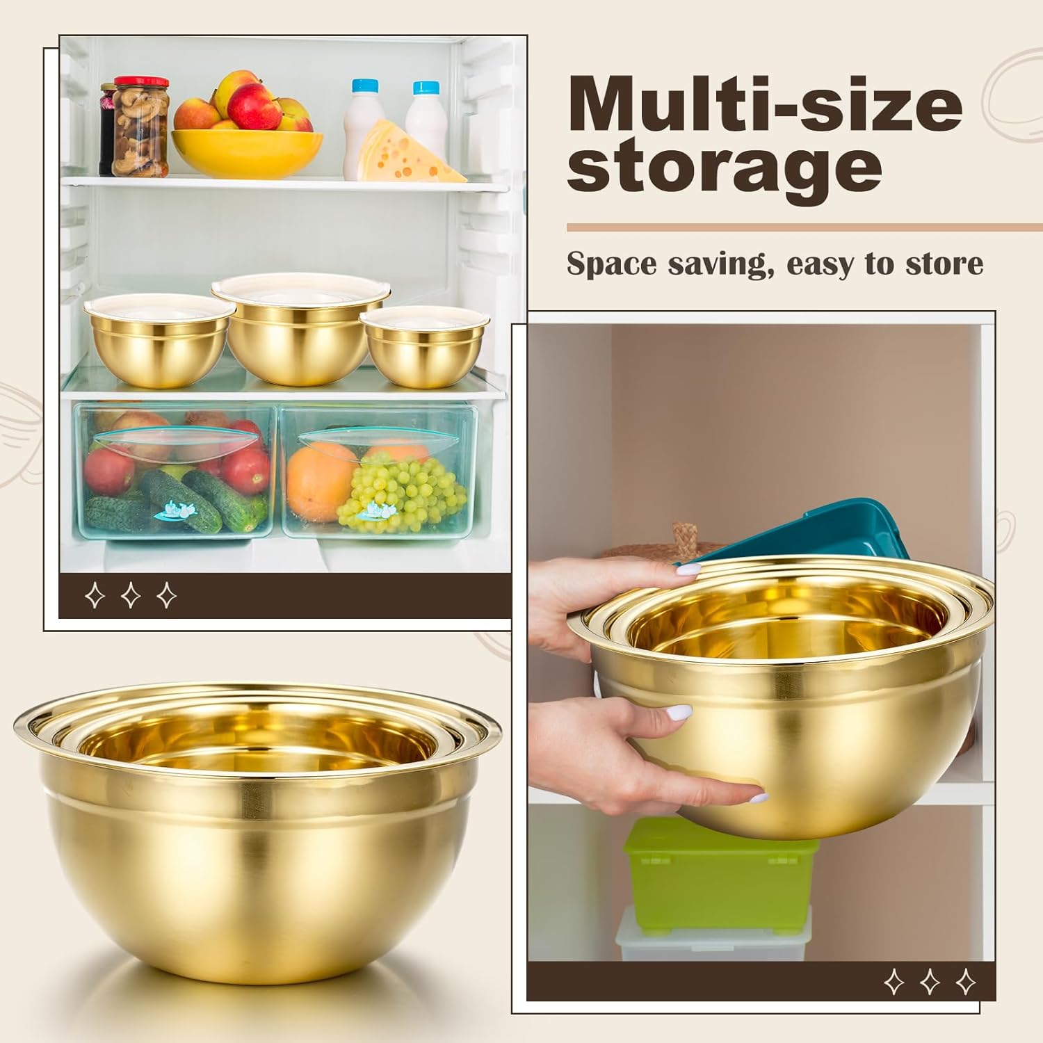 Baderke 7 Pcs Gold Kitchen Accessories Includes Stainless Steel Colander with Handles, 3 Gold Mixing Bowls with Airtight Lids and 3 Fine Mesh Strainer(Colander: 5 Qt, Mixing Bowls: 1.5/2/3 Qt) - Image 7