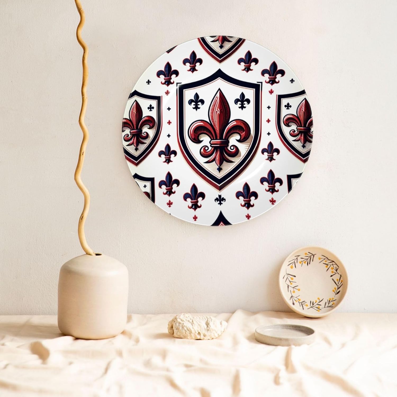Blood-Red-Fleur-De-Lis 10 Inch Decorative Plate With Stand, Elegant Display Wall Plate For Home Decor