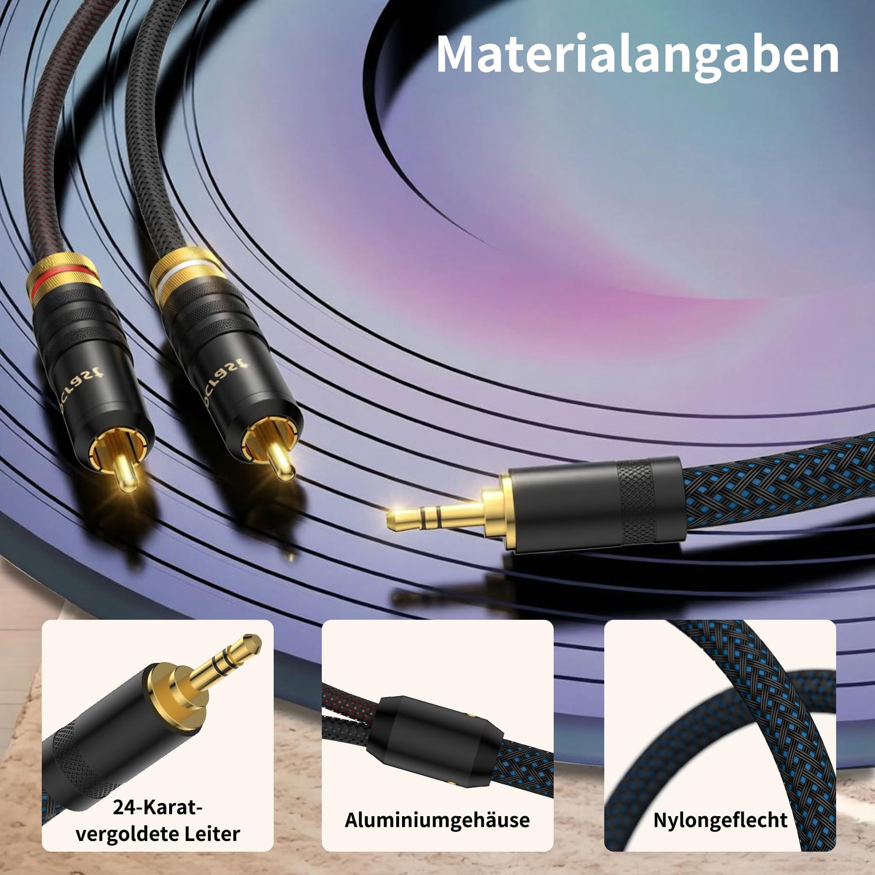 2m 3.5mm Klinke auf 2 x RCA Audio Kabel mit Metallgehäuse und 24k Vergoldetem Stecker für MP3, Tablet, Lautsprecher, HDTV