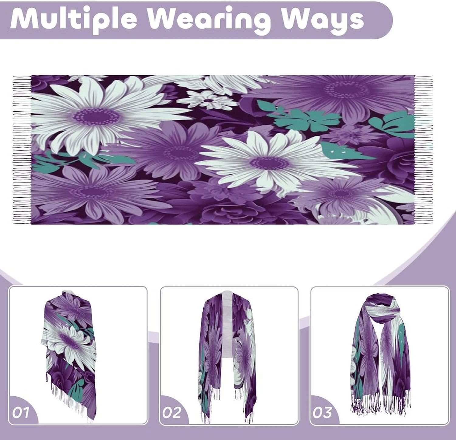 Purple White Floral Winter Scarf for Women Soft Tassel Scarves Oversized Wraps Long Shawl Cold Weather Thick Blanket Scarfs