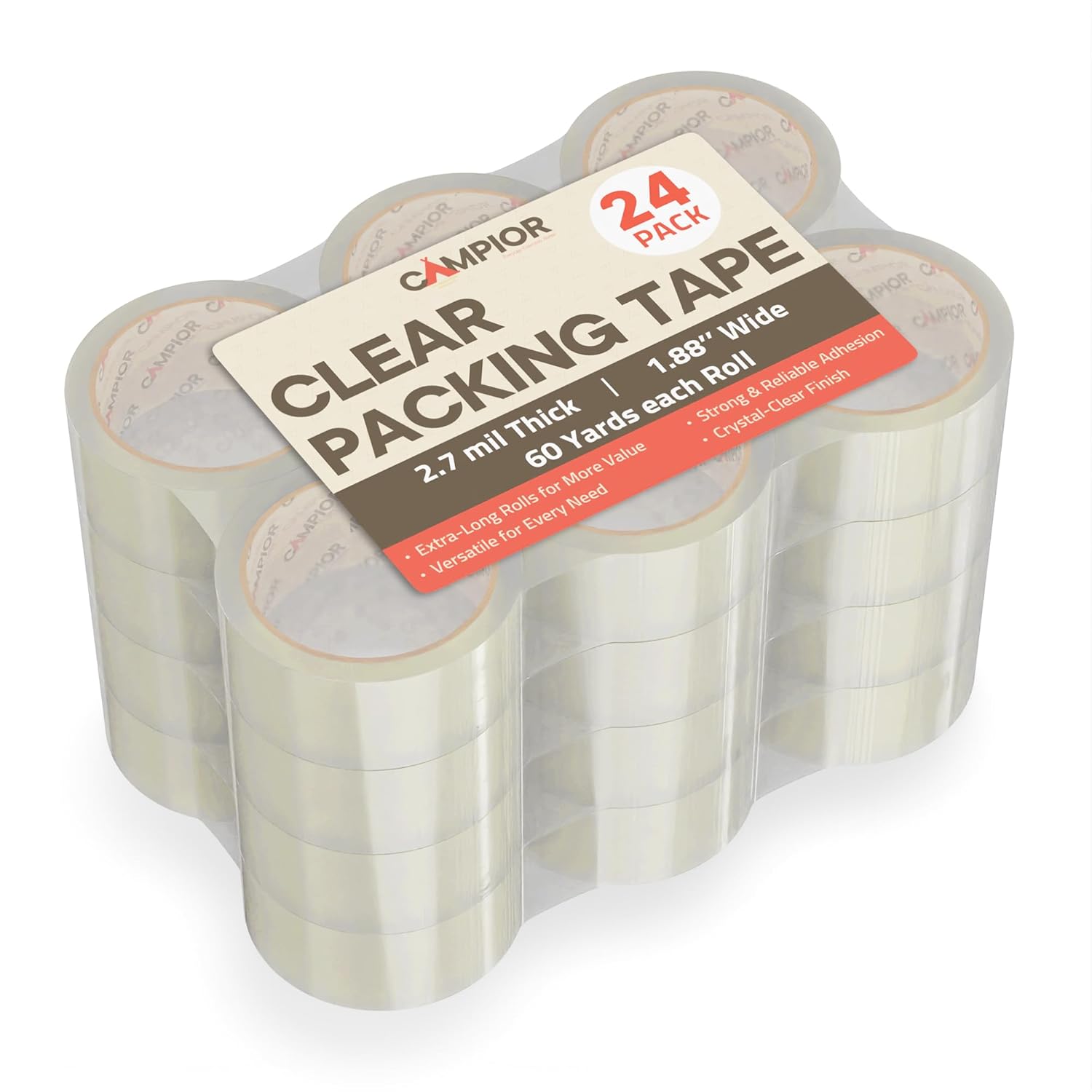 Clear Packing Tape Heavy Duty 24 Rolls, 1.7mil Thickness, Strong Adhesive for Shipping, Moving & Packaging, 1.88" Wide x 60 Yards Per Roll, Smooth Unroll, Clear Finish, Fits Standard Dispensers