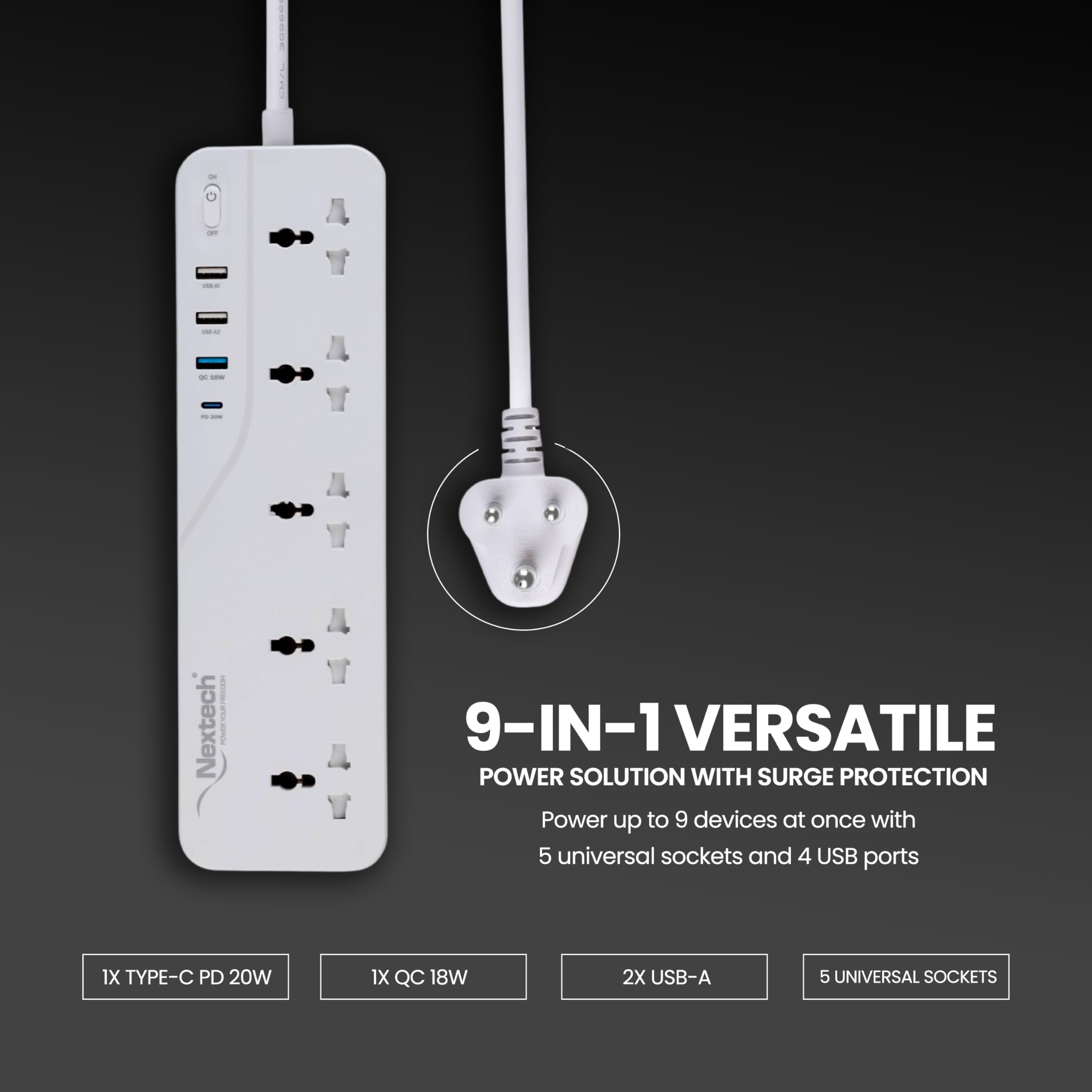 Nextech 9-in-1 Surge Protector - USB & PD Charging -2 Nextech 9-in-1 Surge Protector - USB & PD Charging -2