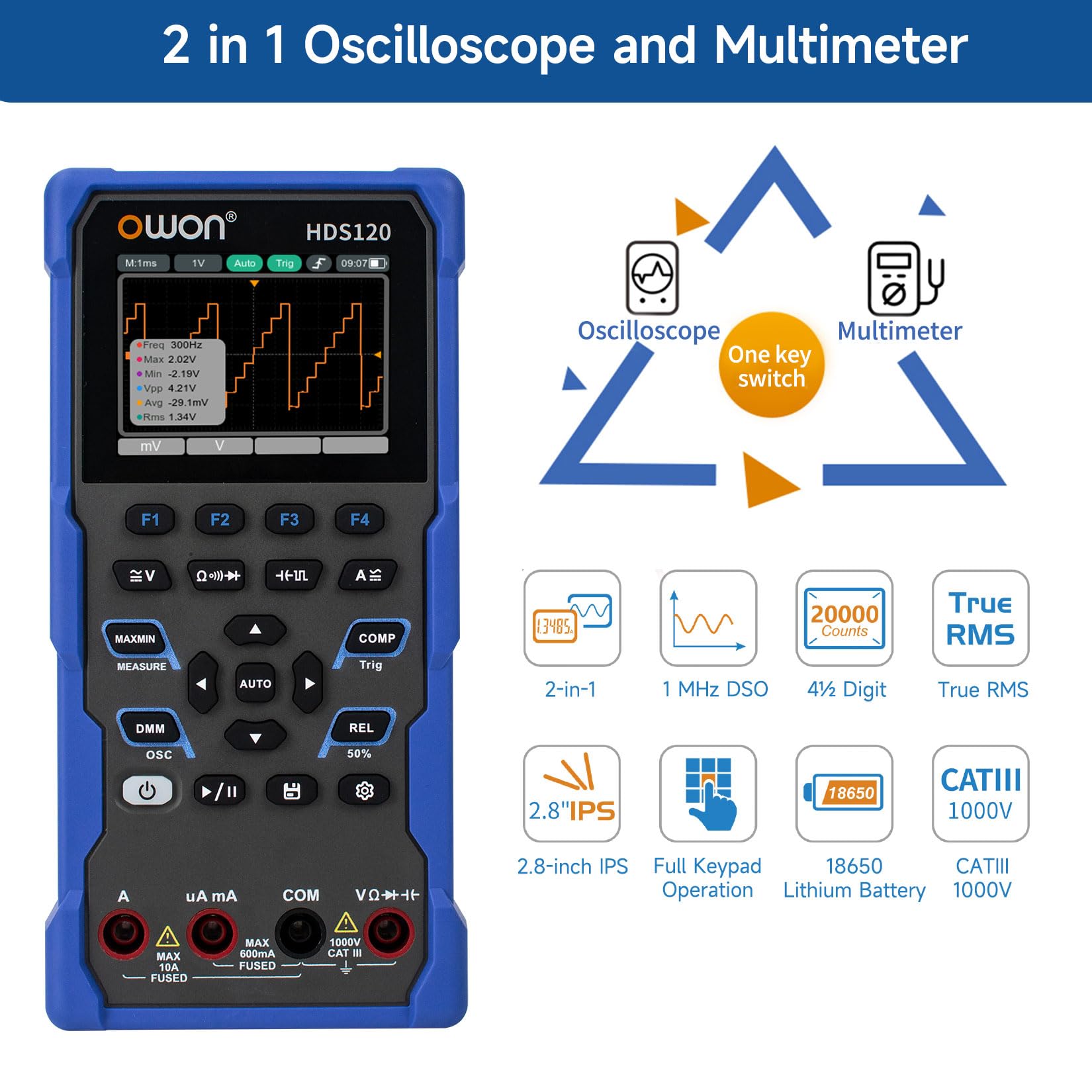 OWON HDS120 Osciloscopio Multímetro 2 en 1 de 1 MHz, multimetro de mano multifunción, multímetro digital de 20.000, pantalla IPS de 2,8 pulgadas, instrumento de prueba universal (multímetro