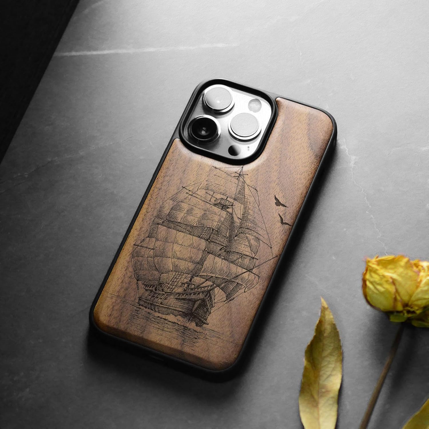 Carveit Magnetic Wooden Case for iPhone 15 Pro Case, Compatible with MagSafe Wireless Chargers, Black Soft TPU Shockproof Cover & Wood Artisan Engraved (Sailboat on The Sea) - Walnut