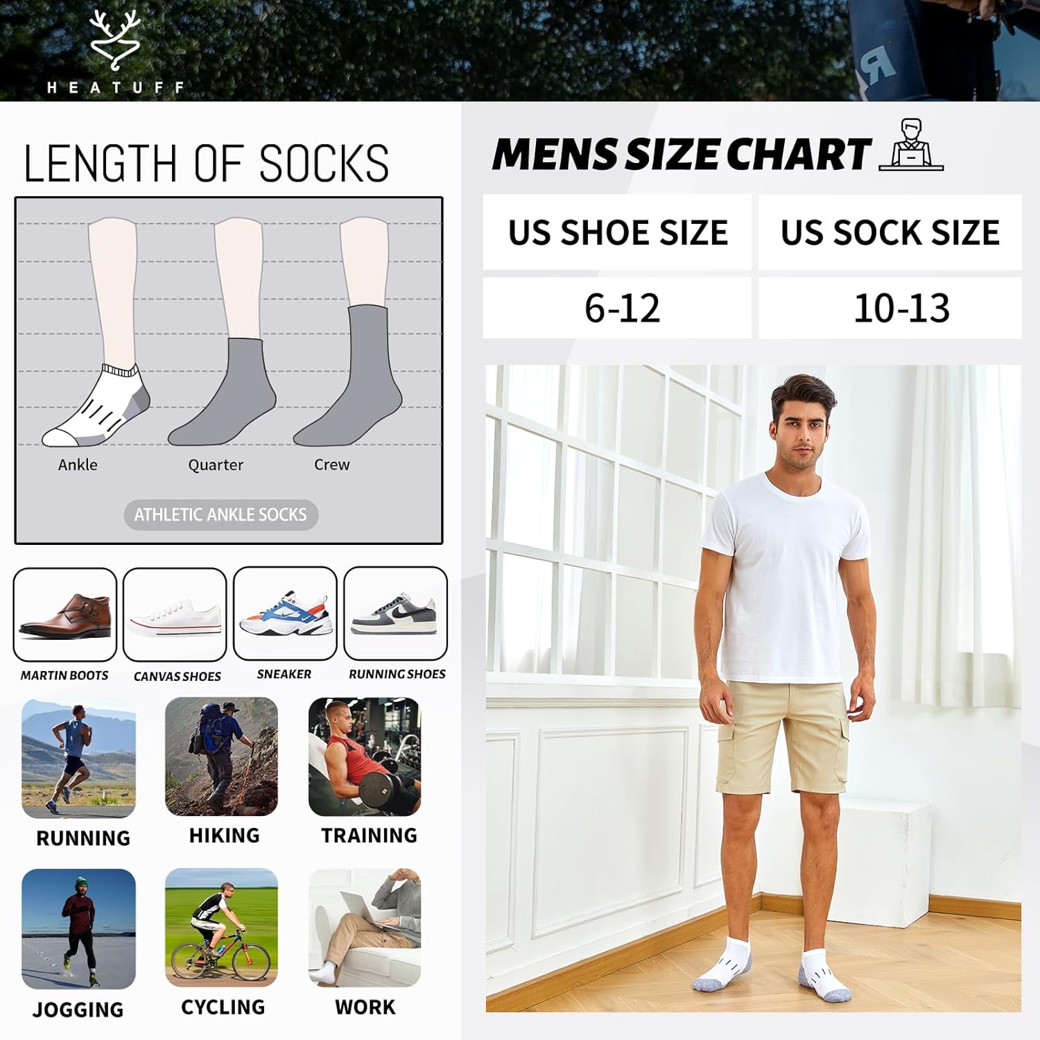 Heatuff Men's Athletic Ankle Socks Moisture Wicking Cushion Sports Running Low Cut Sock (8 Pairs) - Image 6