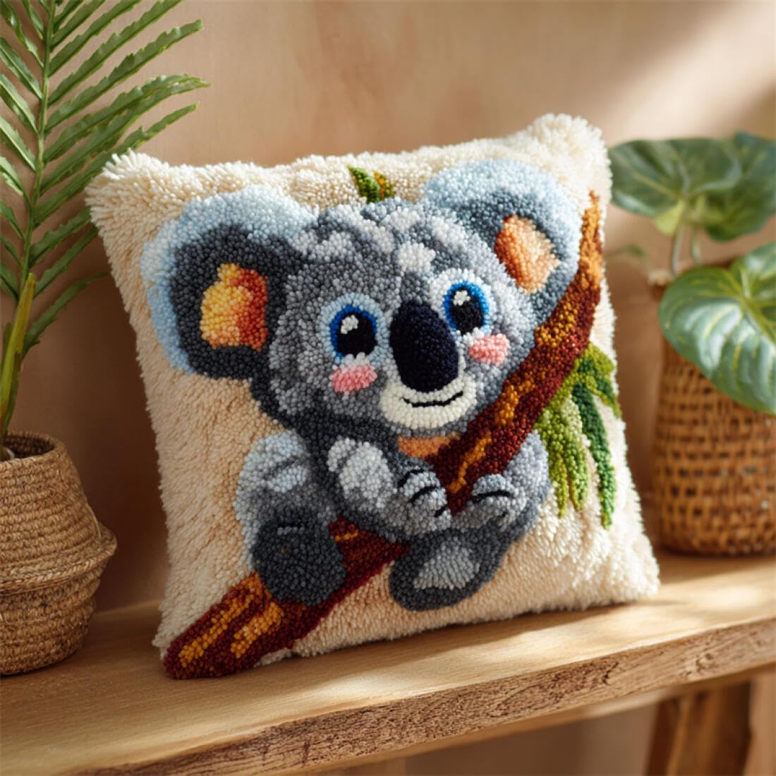 Kitquiver Animal Latch Hook Cushion Set Cartoon Koala DIY Latch Hook Kits Pillow Needlepoint Cushion Kit for Home Décor Needlework Set for Adult Beginners 17x17In