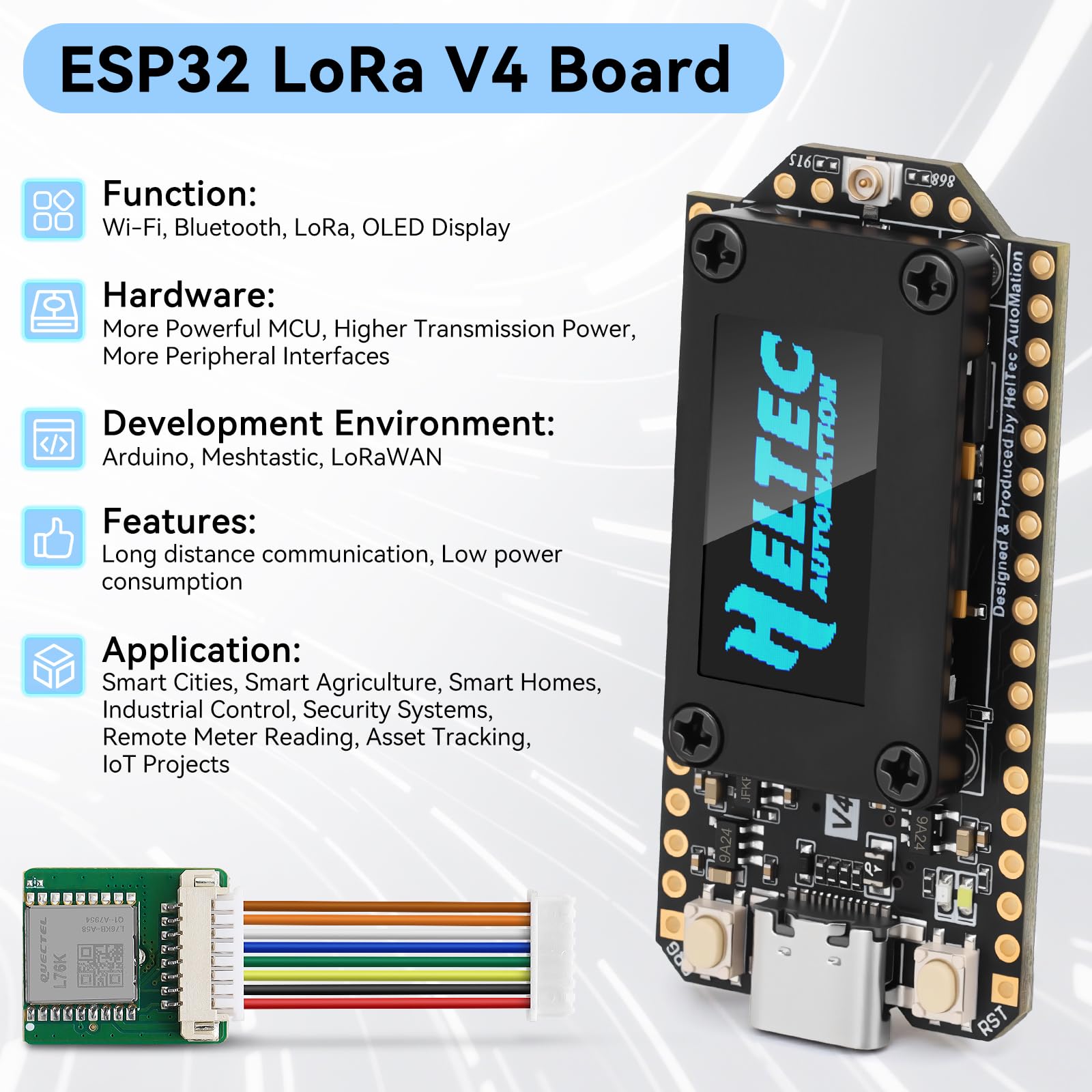 Carte de développement ESP32 LoRa V4 + module GNSS L76 mis à jour, ESP32-S3 SX1262 LoRa WiFi Bluetooth 2 Mo PSRAM 16 Mo Flash 915 MHz Antennes OLED Affichage Supporte GPS et Solaire pour Arduino