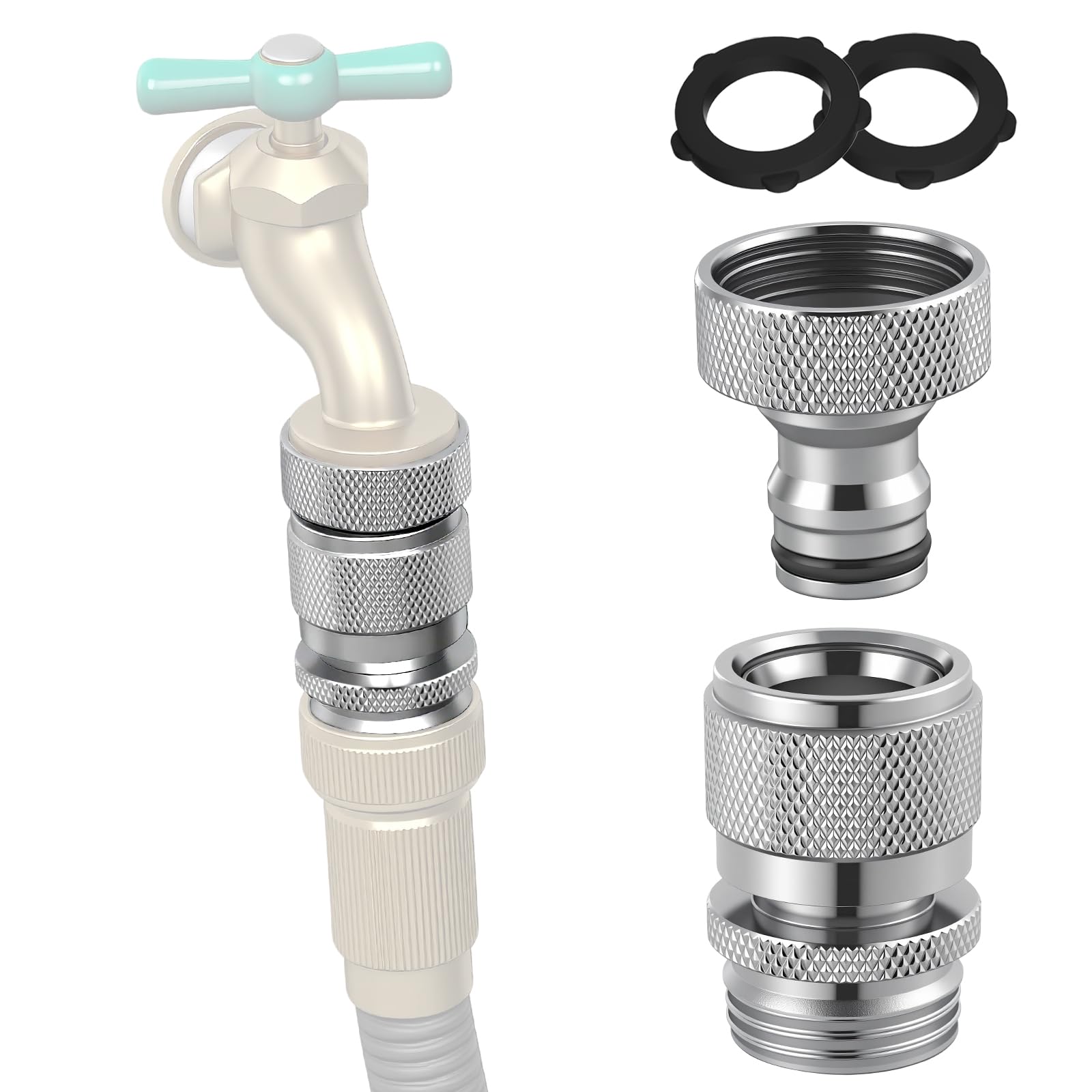 Hibbent Garden Hose Quick Connector, Solid Brass 3/4 Inch GHT Thread Faucet Hose Quick Connect Fitting, Female and Male Adapter