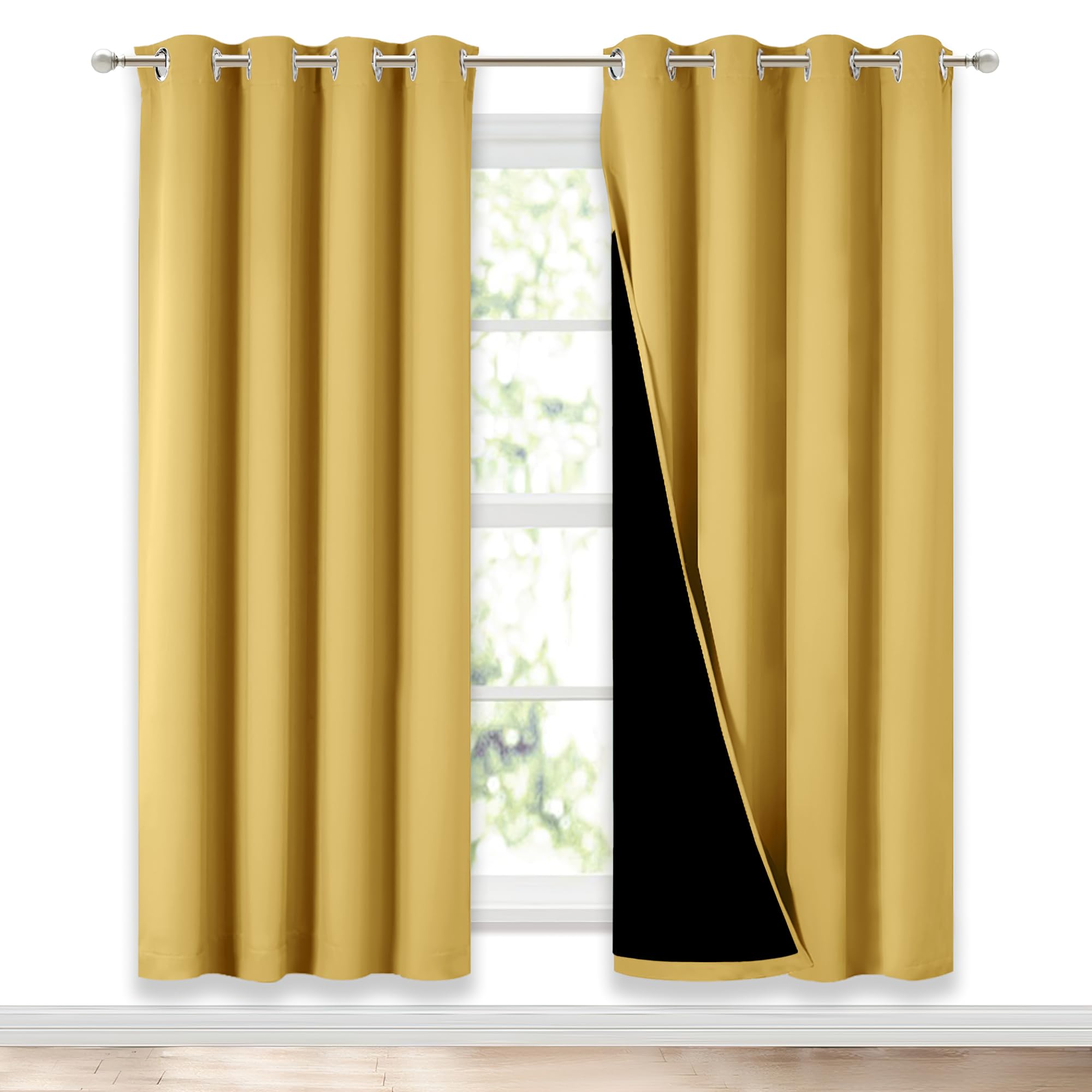NICETOWN Bright Yellow Full Shade Curtain Panels, Pair of Energy Smart &amp; Noise Blocking Out Blackout Drapes for Dining Room Window, Thermal Insulated Guest Room Lined Window Dressing, 52 x 72 inch