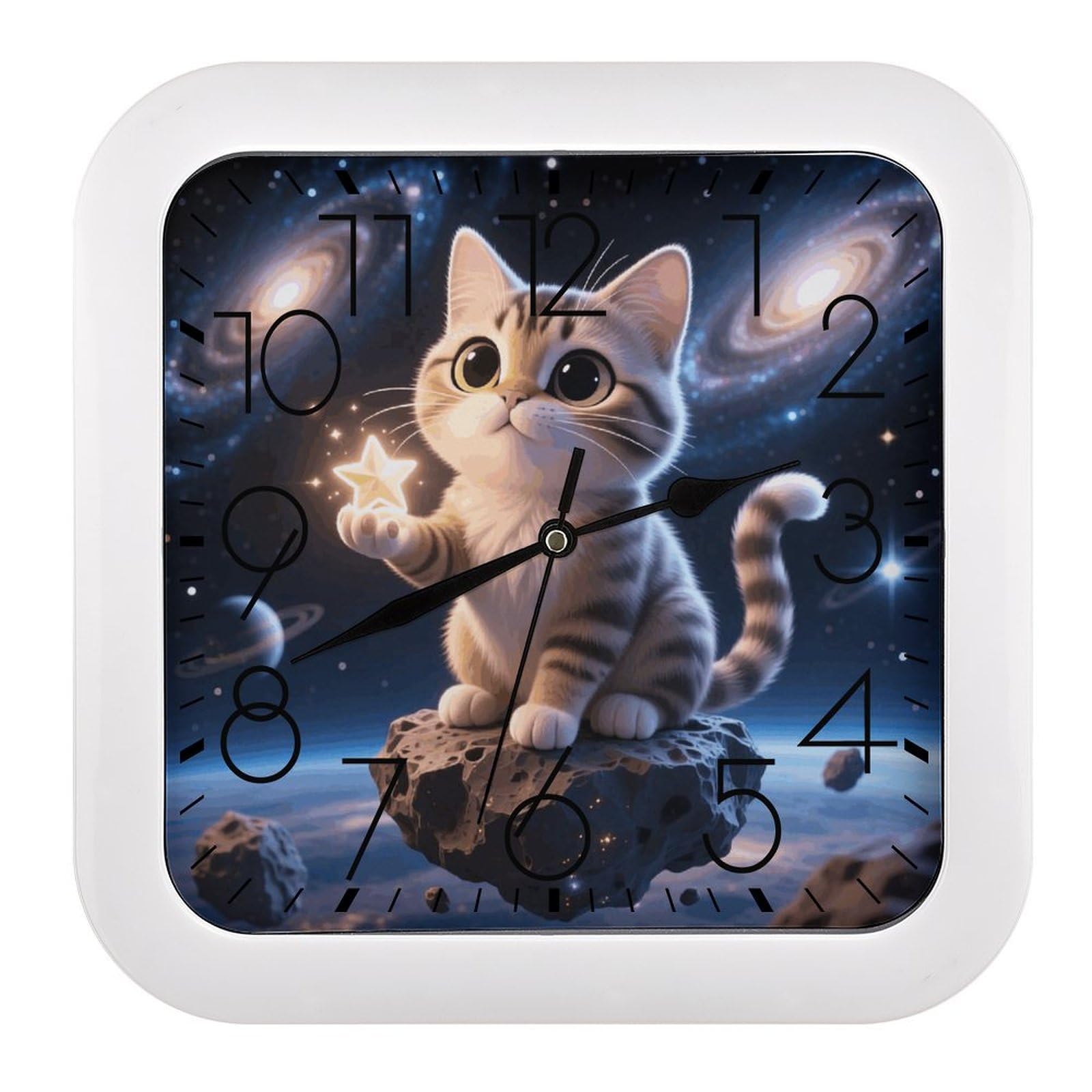 Horloge murale carrée rétro silencieuse avec galaxie et chat spatial
