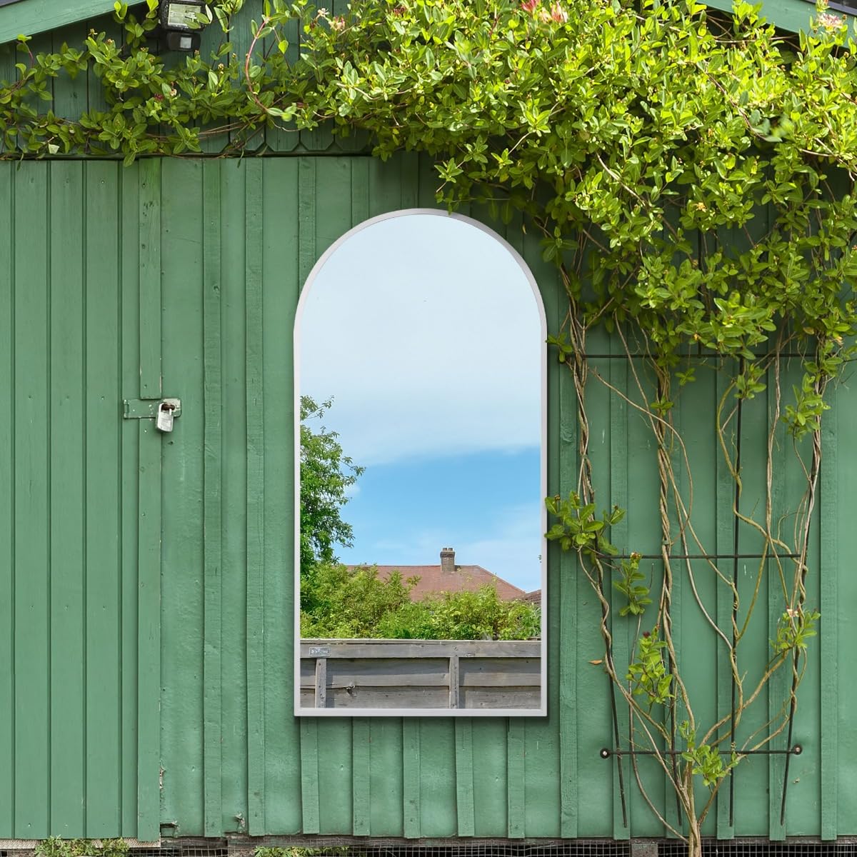 MirrorOutlet The Arcus - White Framed Modern Full Length Arched Garden Wall Mirror 63" X 31" (160CM X 80CM) Silver Mirror Glass with Black All weather Backing.