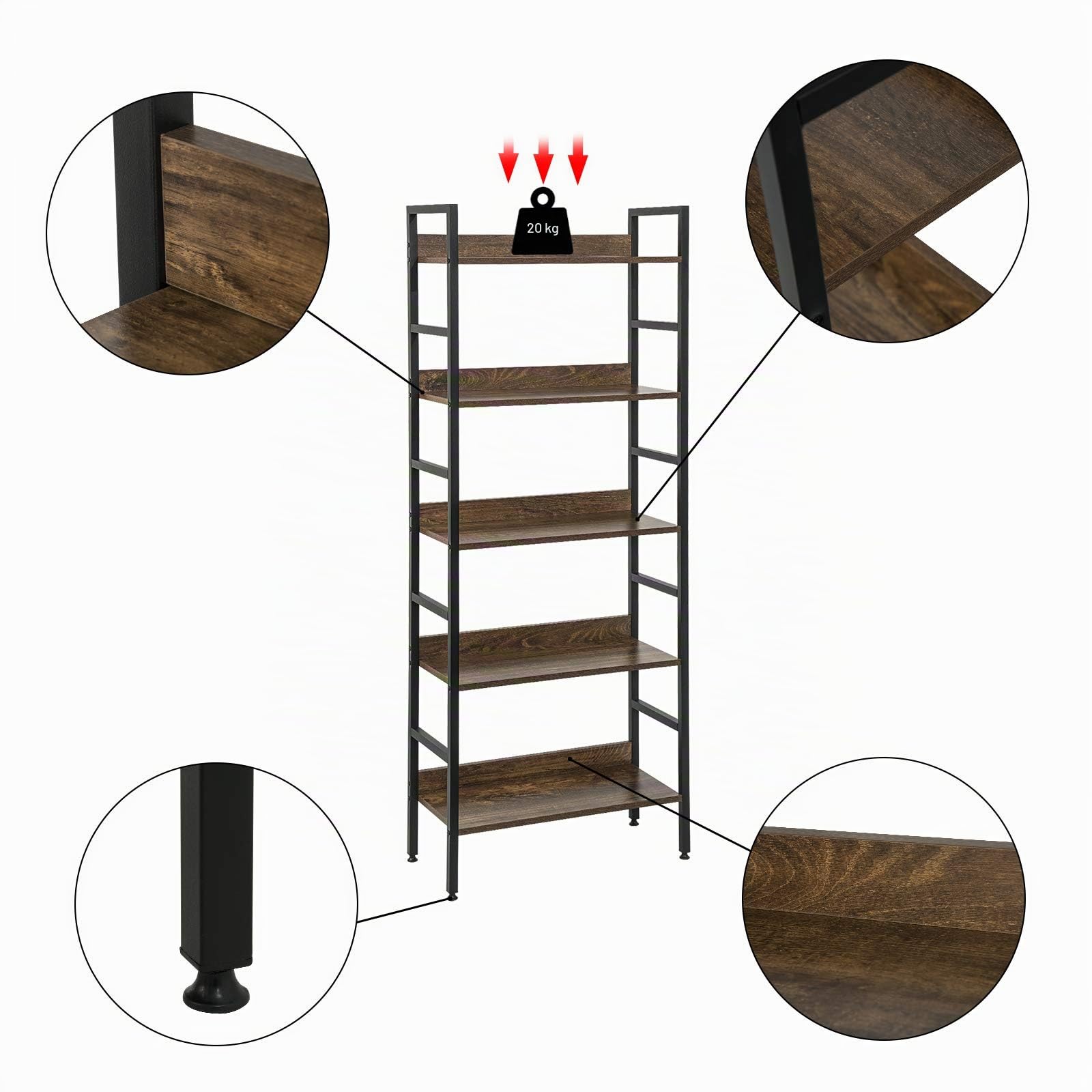 EUGAD Scaffale Libreria a 5 Ripiani, Legno Scuro | Design Industriale, per Studio Sala Ufficio