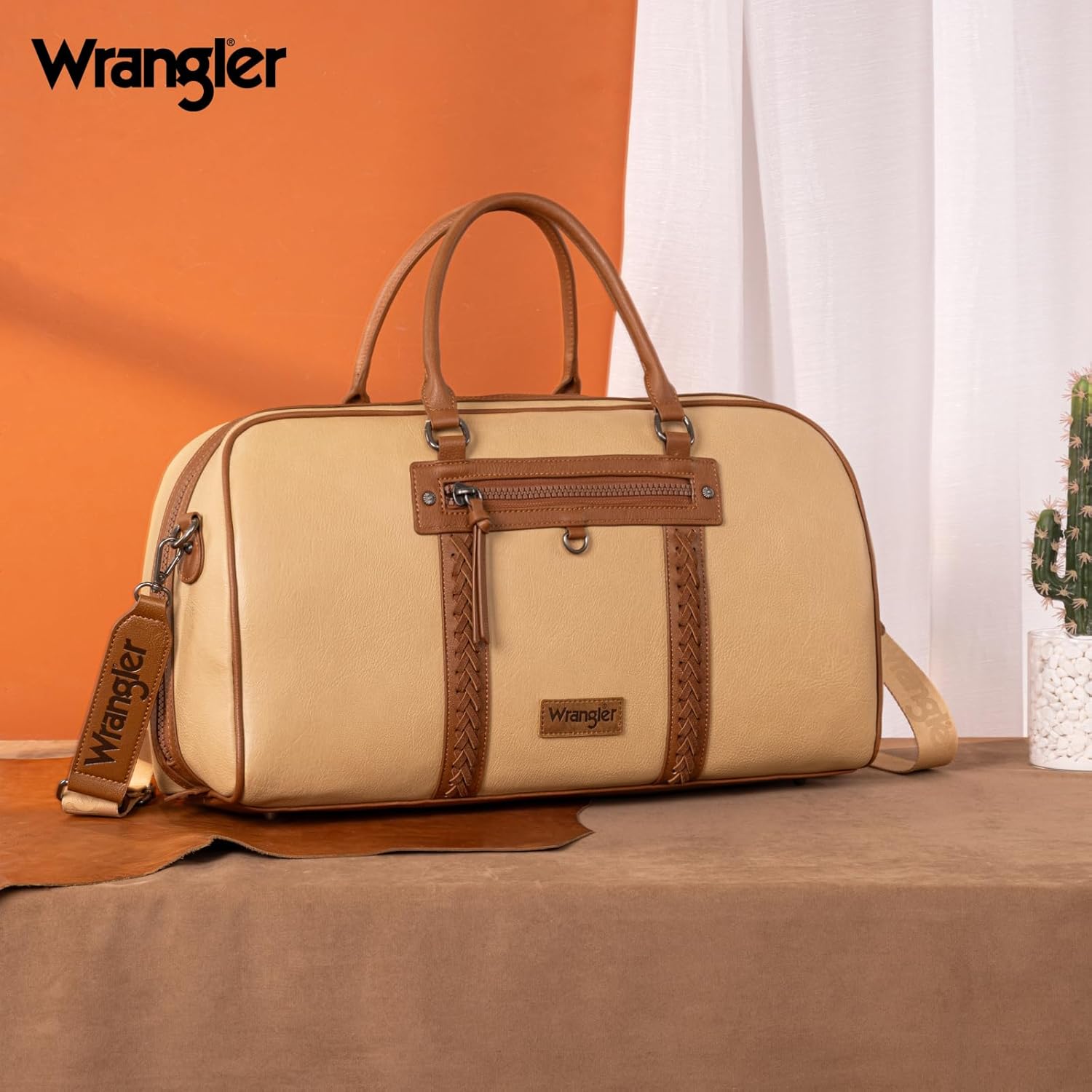 Wrangler Travel Duffel Bag Large Weekender Bag for Women Designer Carry on Overnight Bag for Trips Leather Luggage Bag Tan - Image 6