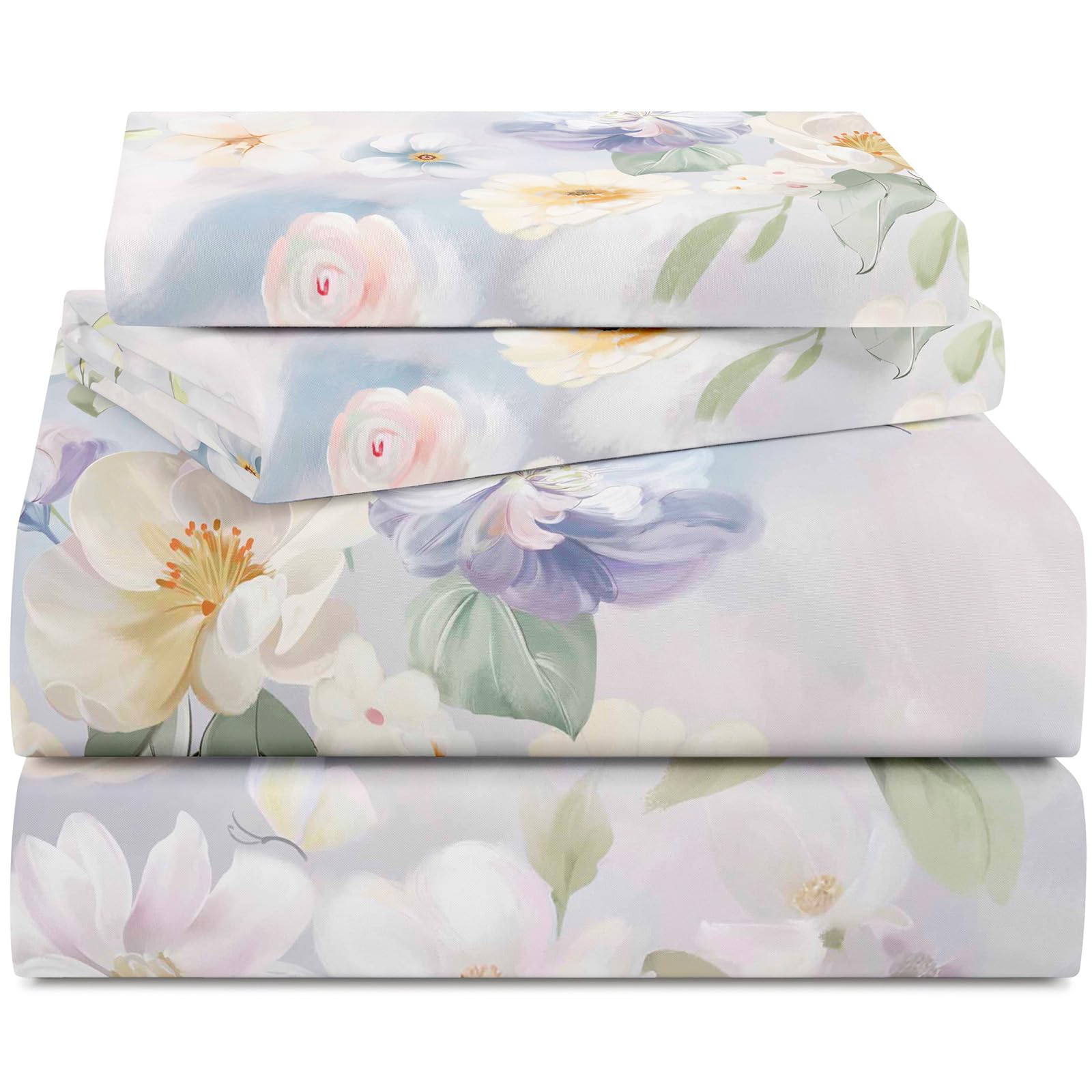 YIYEA Floral Sheets Twin Size Premium Double Brushed Microfiber Bed Sheet Set for All Season Soft Breathable 16