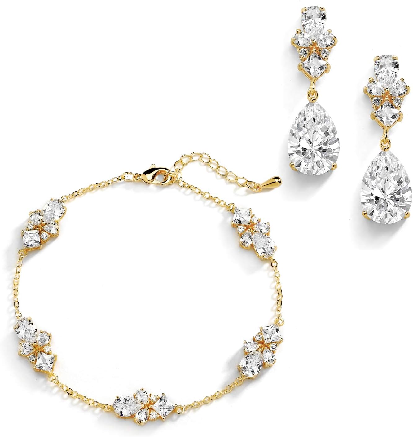 Mariell Gold Cubic Zirconia Crystal Bridal Bracelet & Earrings Set, Gold Wedding Jewelry Set, Bracelet Adjustable Length 7 ¼" (Regular Size) to 8 ¾" (Large Size)