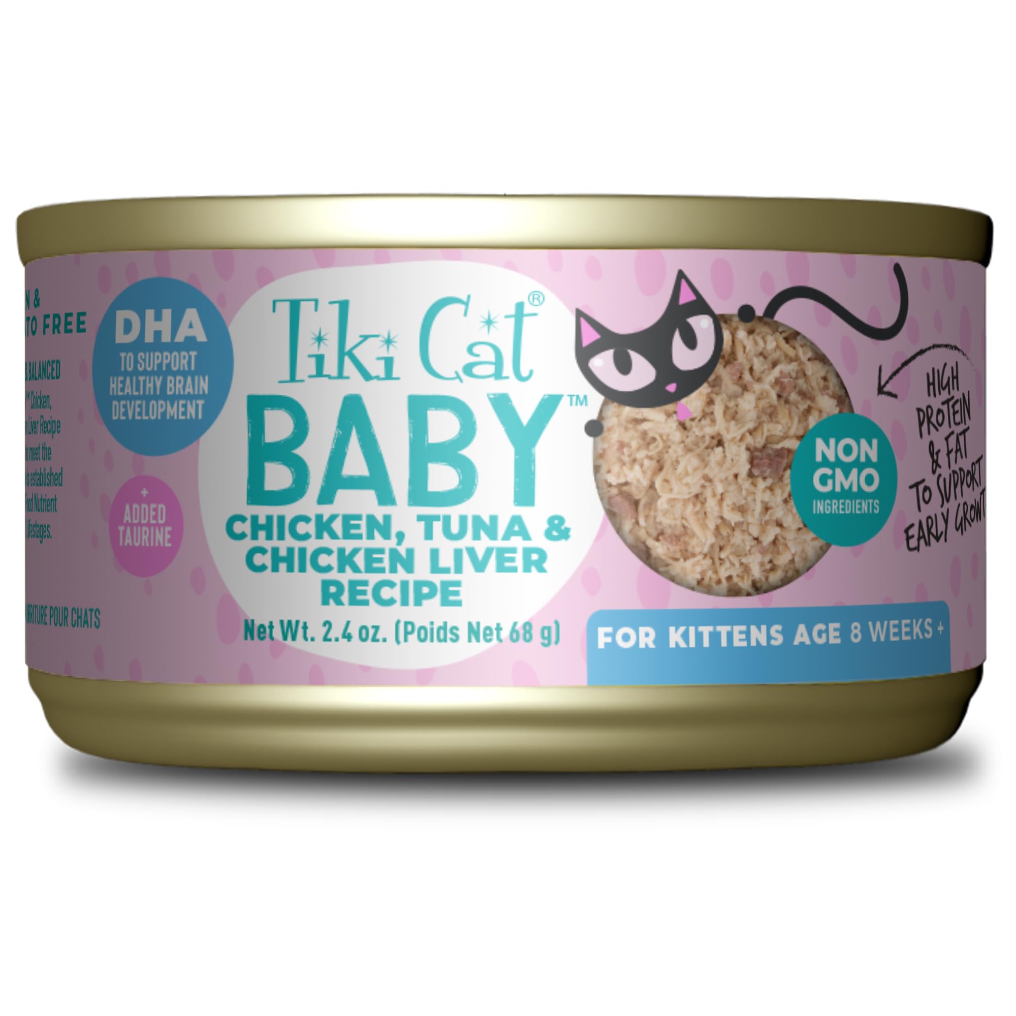 Tiki Cat Baby, Chicken Tuna & Chicken Liver Shreds, High-Protein and Flavorful, Wet Cat Food for Kittens 8 Weeks Plus, 2.4 oz. Cans (Pack of 12)
