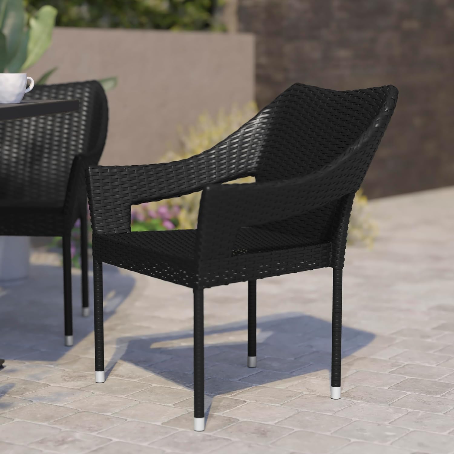 BizChair Commercial Grade Patio Chair, All Weather PE Rattan Wicker Stacking Patio Dining Chair, Black