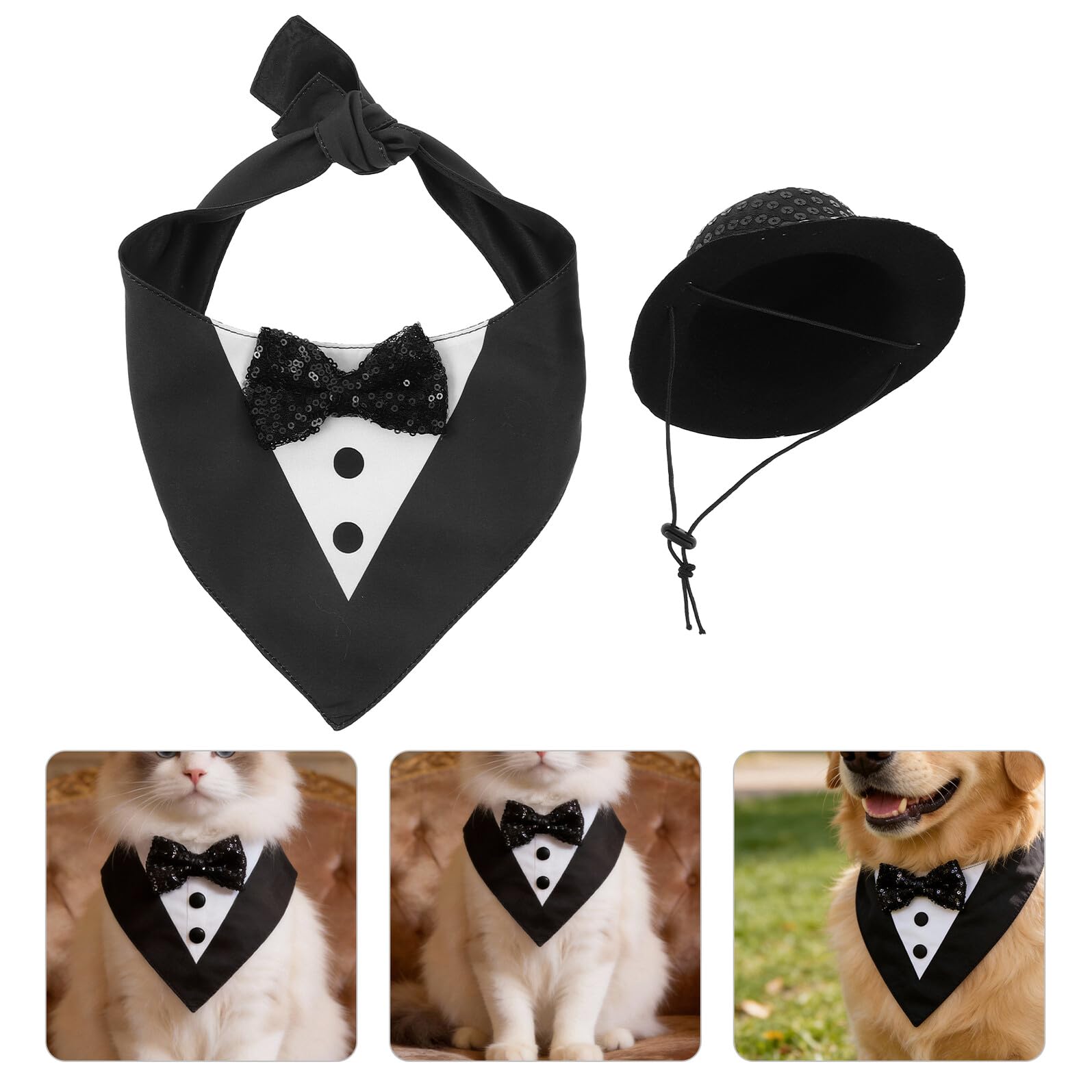 Veemoon Smoking pour Animaux de Compagnie 2 Pièces M Noir Comprenant Chapeau et Bandana, Costume Habillé pour Chiens et Chats, Accessoires de Cérémonie pour Fêtes et Mariages