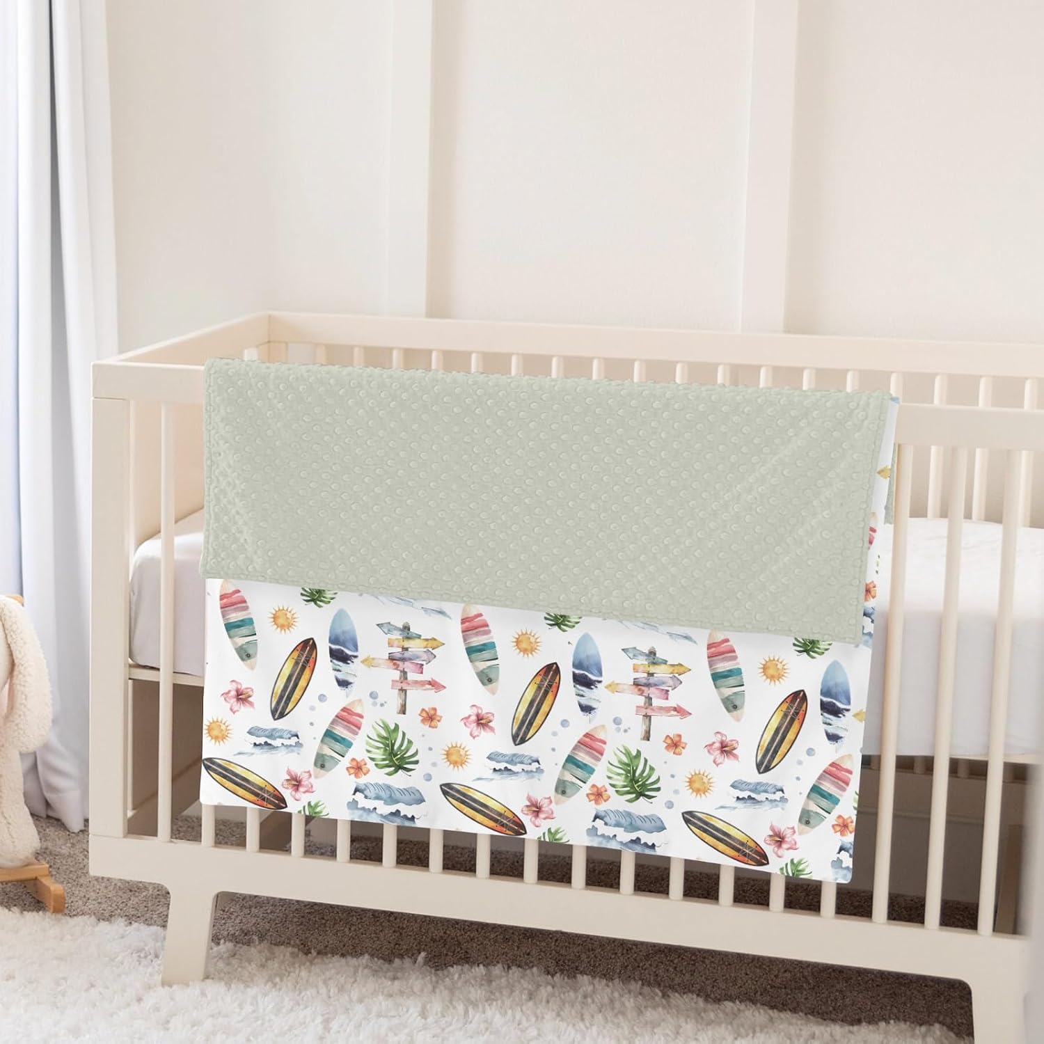 Neutral Beach Surfing Baby Blankets for Girl Surfboard Tropical Leaves Flowers Sun Waves Soft Mink Dotted Backing Double Layer Swaddle Blanket Boho Summer Bed Throws for Newborn Toddler Crib 30x40