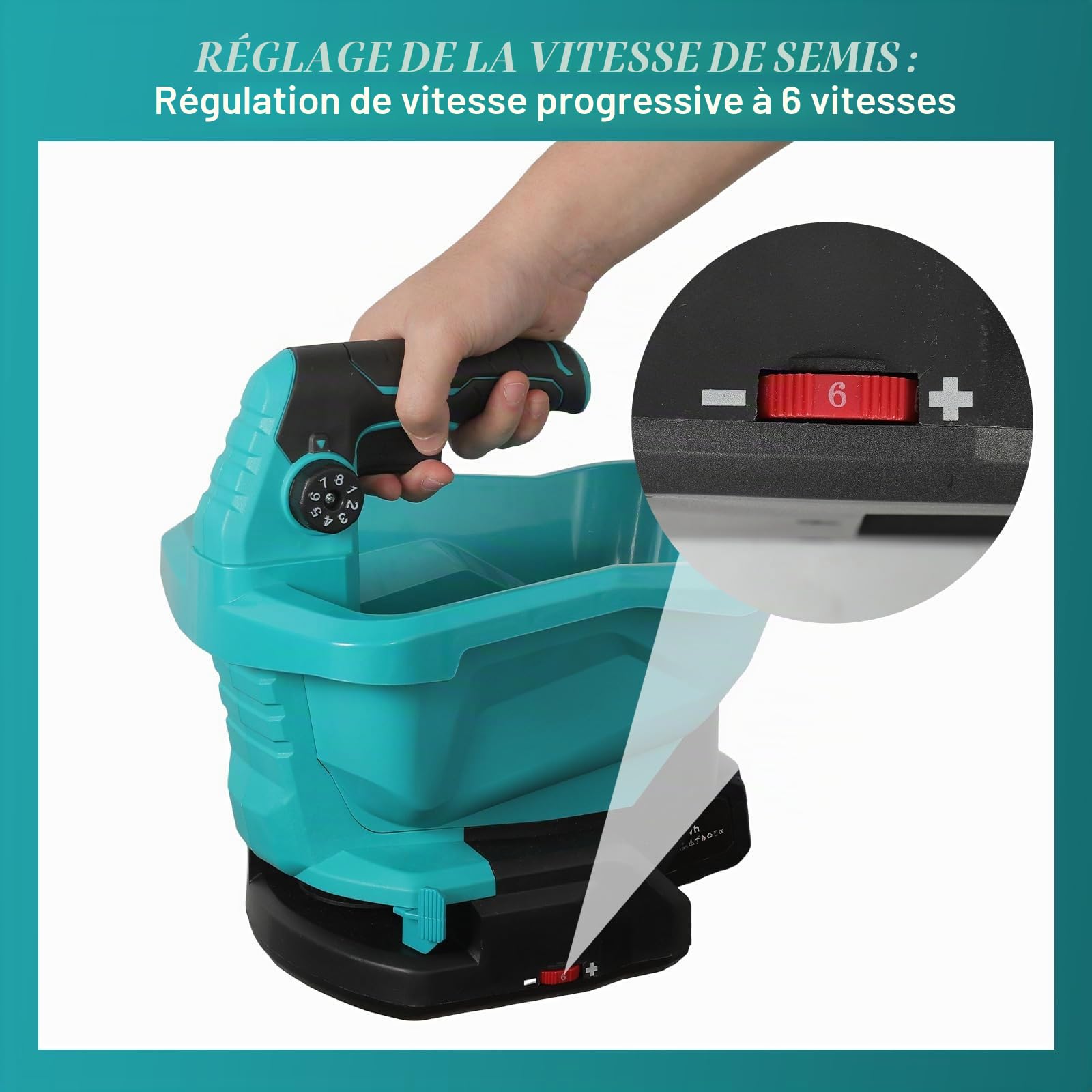 JOPWUE Épandeur Portable sans Fil,pour Batterie Ma-Kita~ 18 V,avec Réglage de Vitesse Rotation à 6 Niveaux,Régulateur 8 Positions, 3.3L,pour Fertiliser, Semer, Saupoudrer de Sel,sans Batterie (Bleu)
