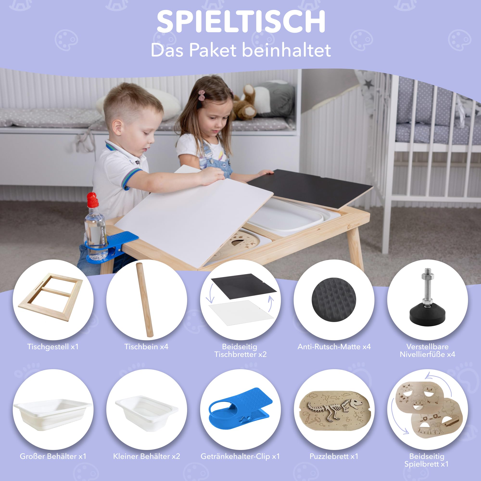 Cateam Kindertisch mit umkehrbarer Tischplatte, Spieltisch aus Kiefernholz mit 3 Faltbare Aufbewahrungsbehälter für Kinder ab 3 Jahren –Pädagogische Holzpuzzleeinsätze – Spielsand-Aktivitätstisch