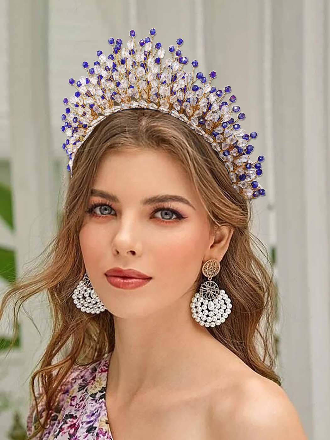 IYOU Halo Wedding Headband Crystal Blue Hair Bands Crown Beads Party Bridal Hair Accessories for Women - Image 4
