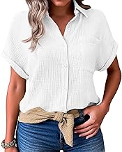 Women's Short-Sleeved V-Neck Button and Pockets Cotton Gauze Shirt Blouse Women's Chic and Elegant Linen Tunic Large Size Loose Breathable Summer Top