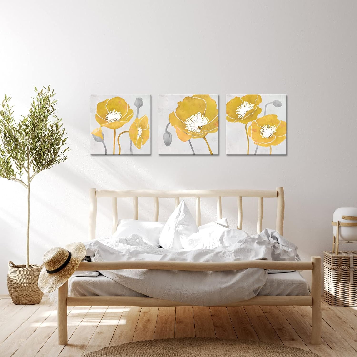 iKNOW FOTO Canvas Set of 3 Wall Art Elegant Poppy Flower Posters and Prints Modern Floral Painting Picture for Living Room Guest Room Decor Wood Frame Stretched Easy to Hang 12x12x3pcs (Yellow)