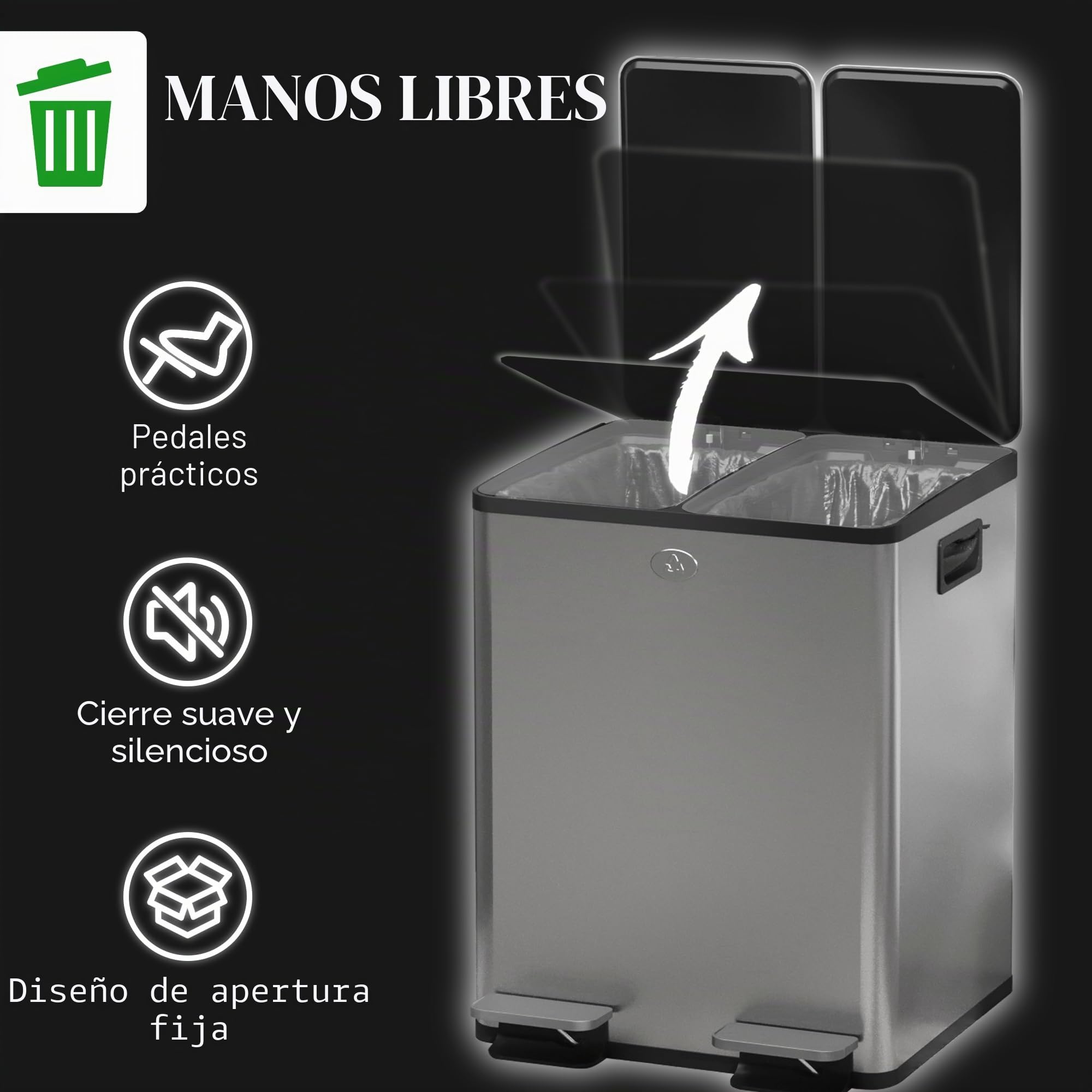 HOMCOM - Papelera de cocina doble, 2 x 20 L, cubo de pedal de acero inoxidable, 2 tapas de cierre suave, cubos interiores extraíbles y asas anti-huellas dactilares, 45,8 x 36 x 51,6 cm
